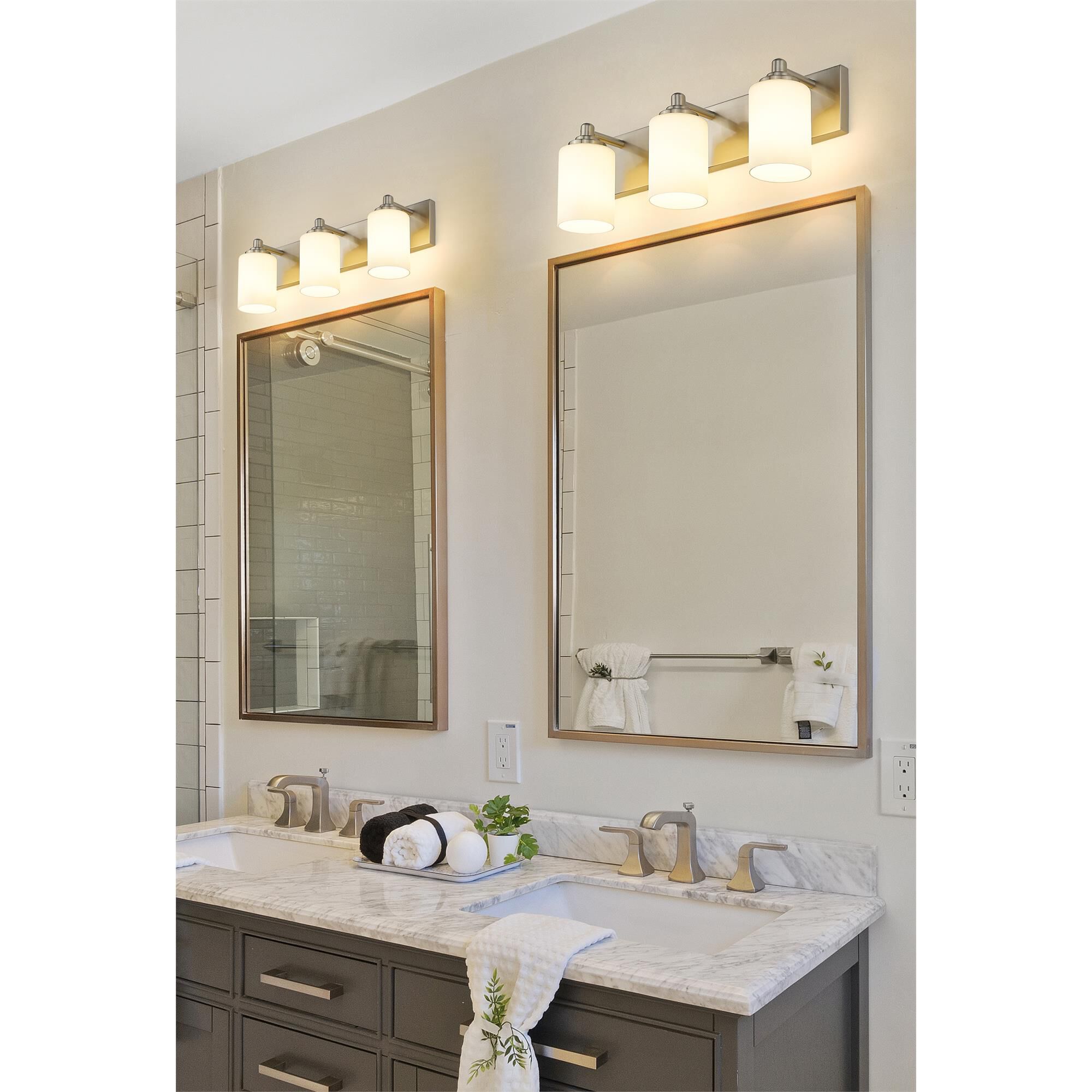 Shown in Brushed Nickel finish and White glass