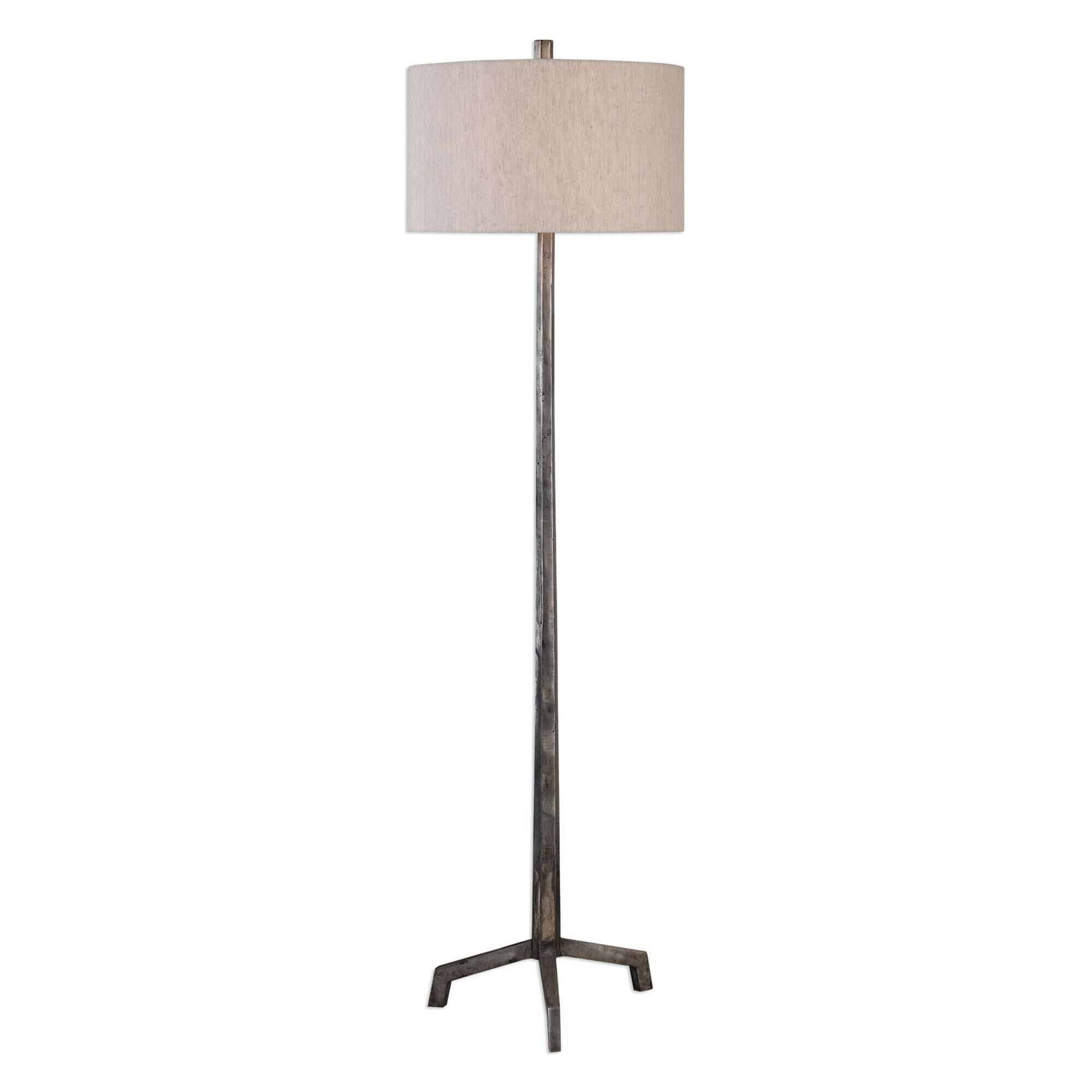Shown in Raw Steel With Burnished Distressing finish and Beige Linen Fabric shade
