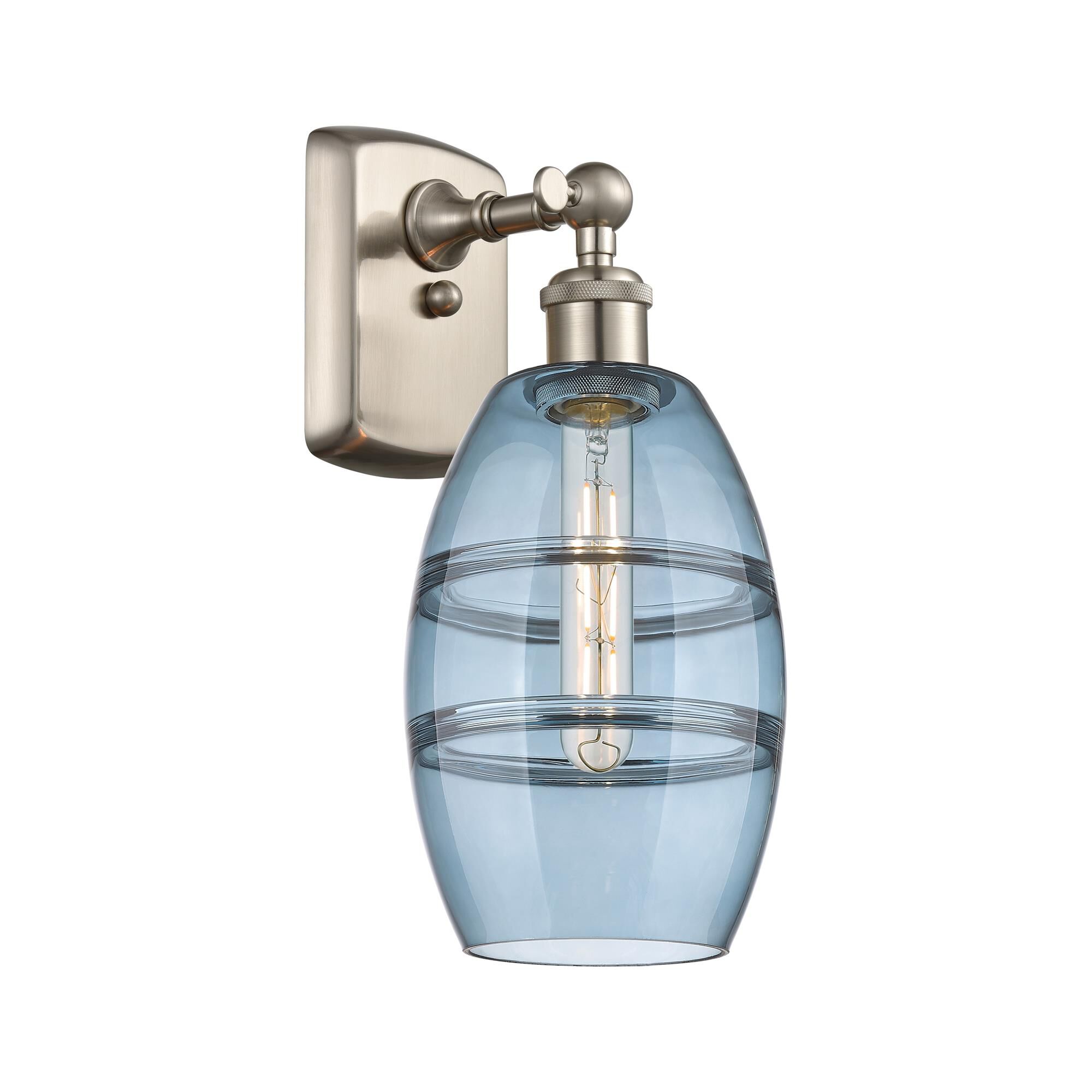 Shown in Brushed Satin Nickel finish and Princess Blue glass