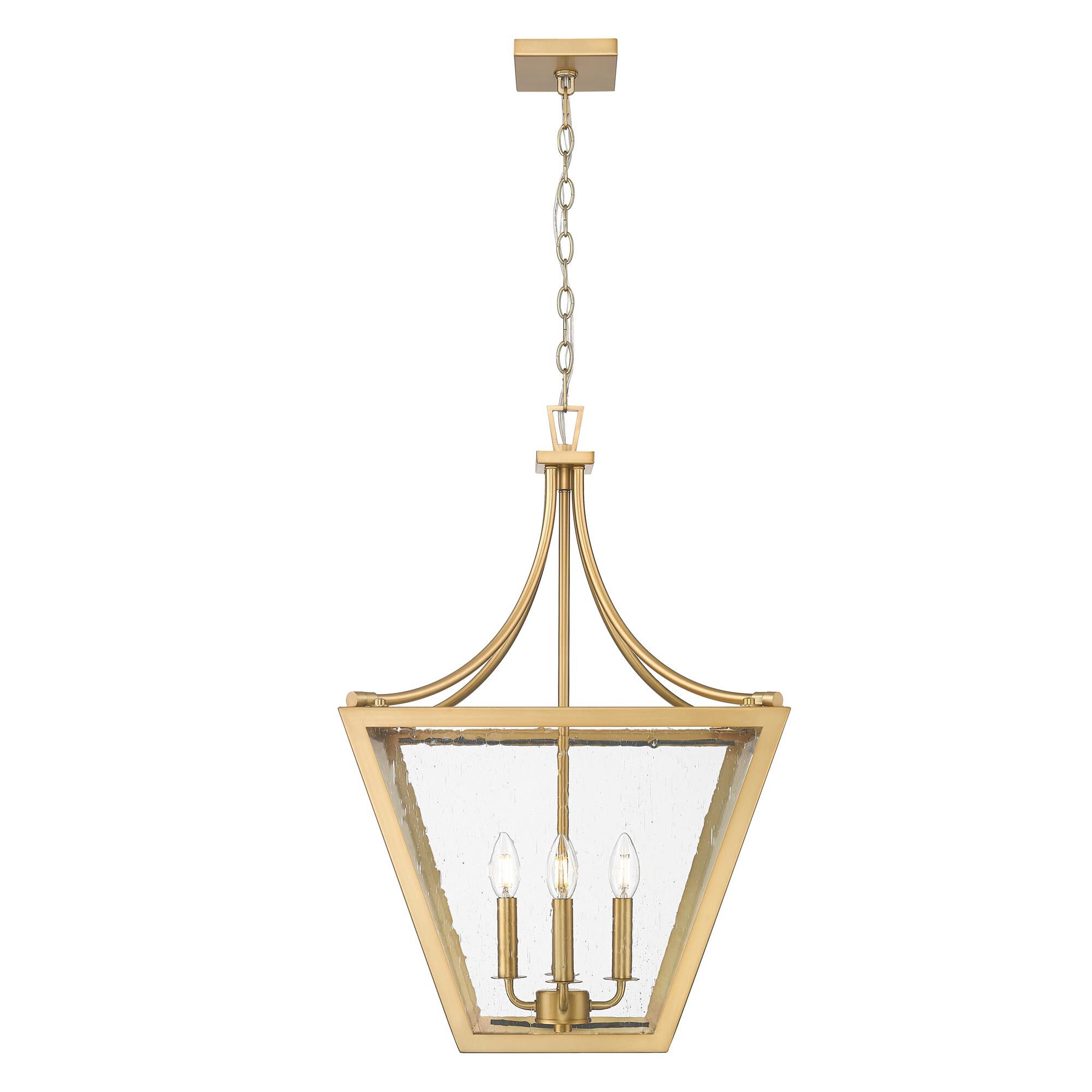 Shown in Rubbed Brass finish and Clear Seedy glass