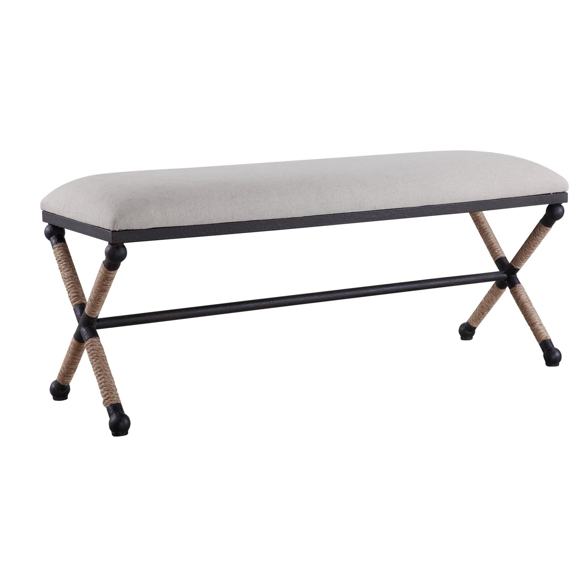 Shown in Rustic Iron Frame With A Nautical Touch, Wrapped In Natural Fiber Rope Accents. Cushioned Top Is A S finish