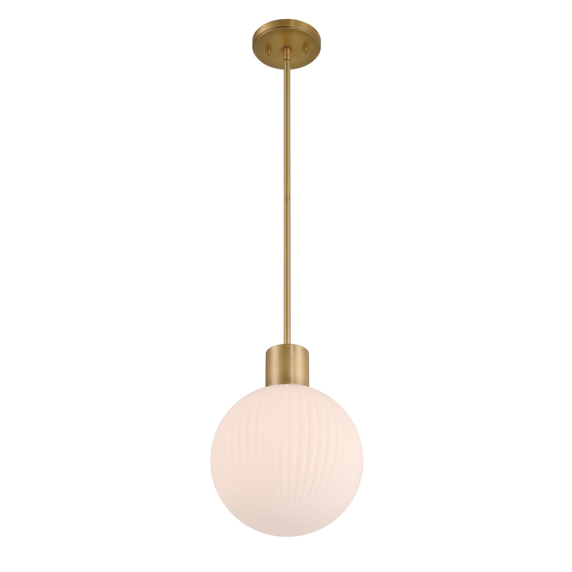 Shown in Legacy Brass finish and White Striped glass and Glass shade