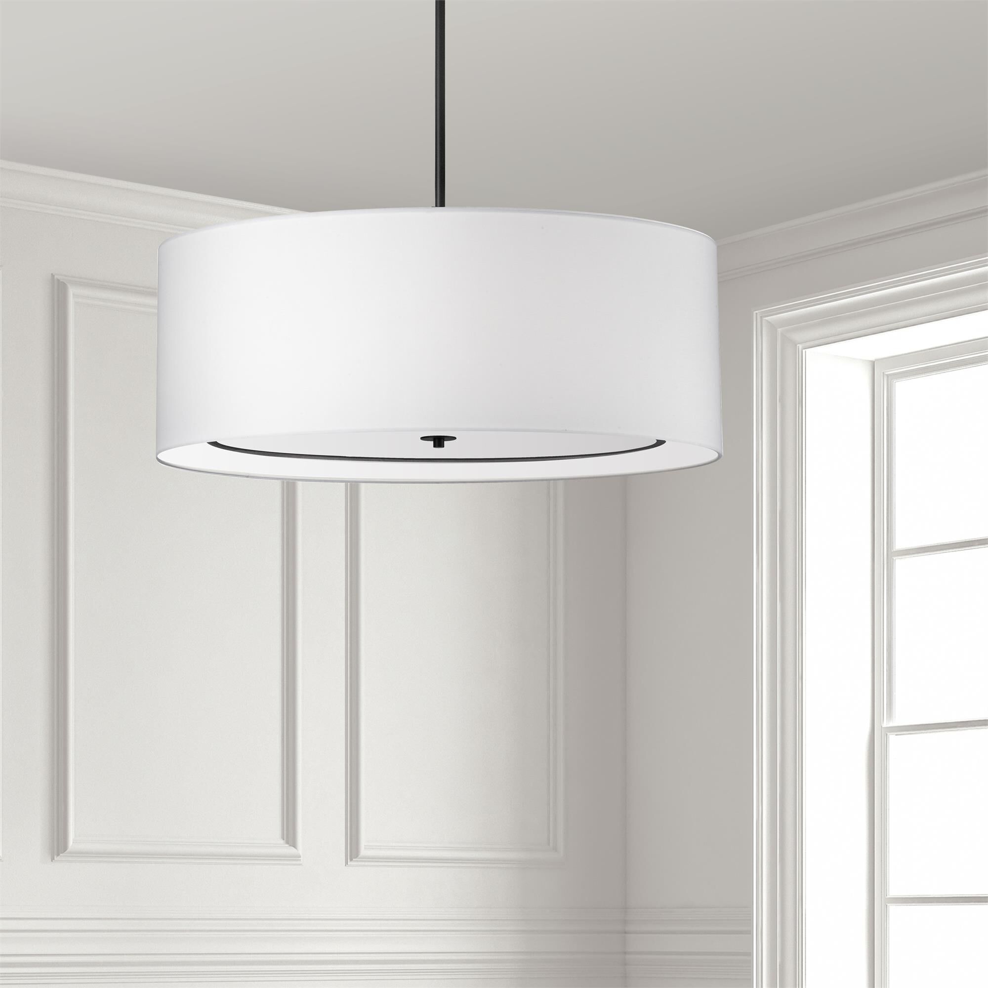 Shown in White and Black finish and White Fabric Drum shade