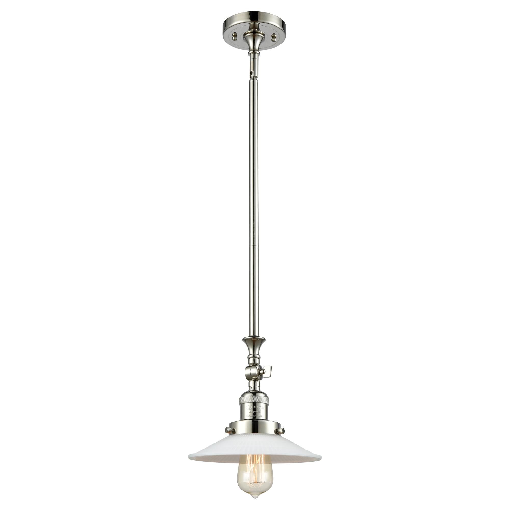 Shown in Polished Nickel finish and Matte White Halophane - Cone glass