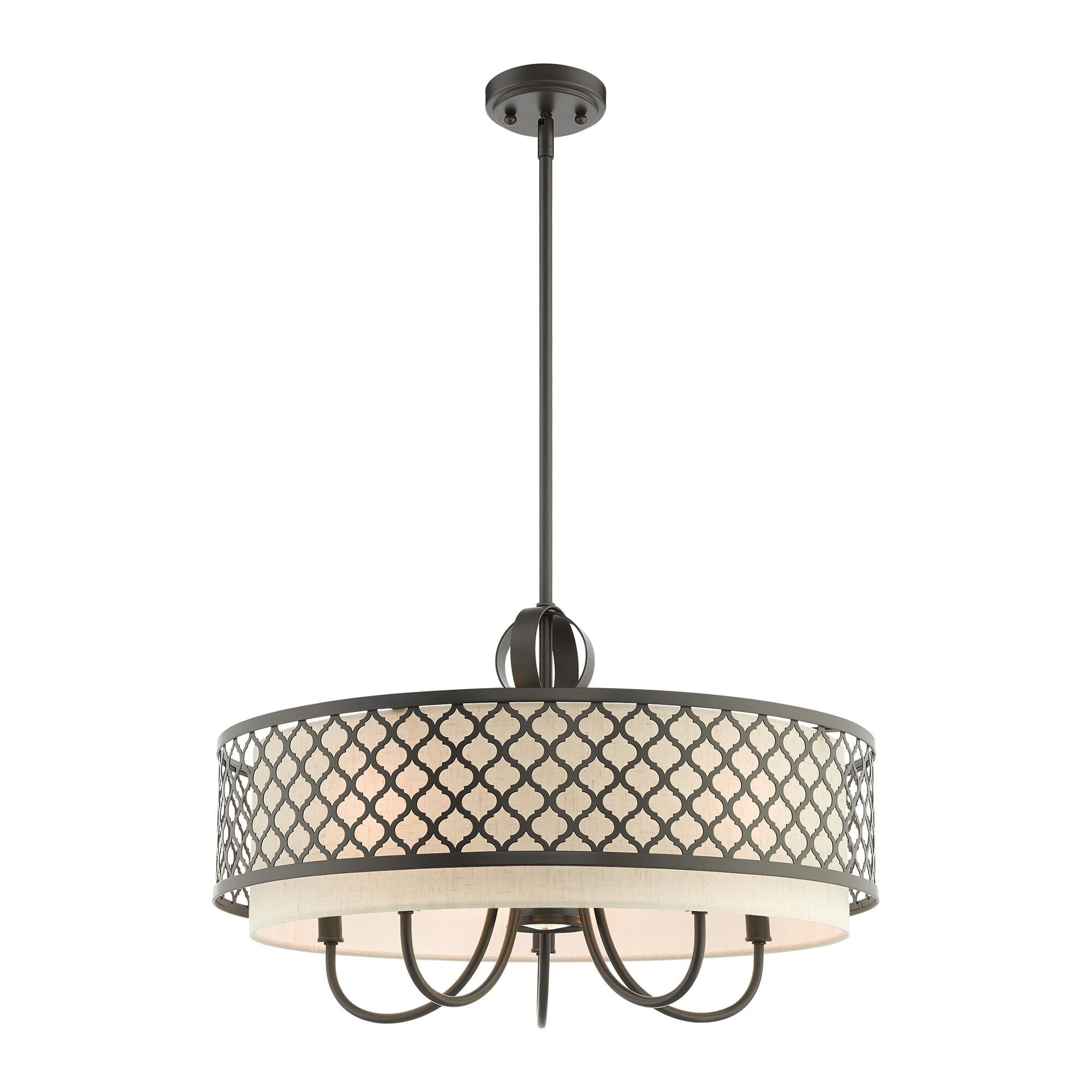 Shown in English Bronze finish and Hand Crafted Oatmeal Color Fabric Outside & White Fabric Inside Hardback shade