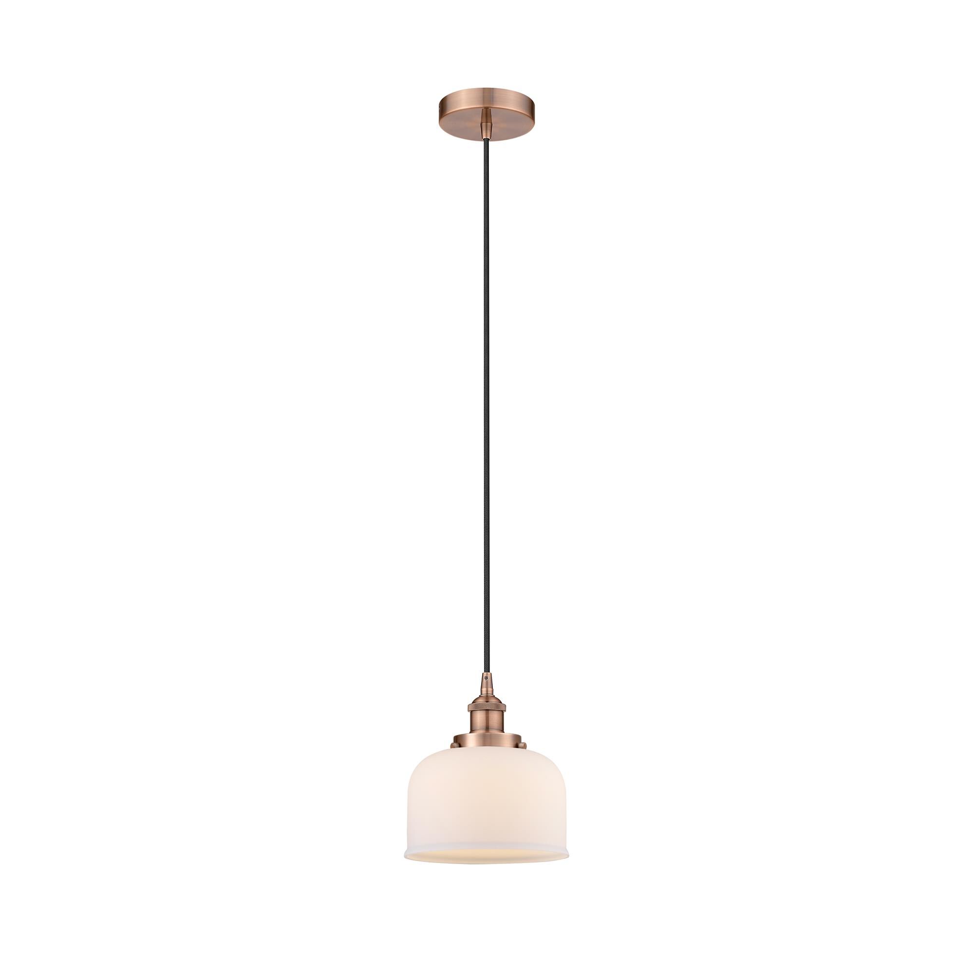 Shown in Antique Copper finish and Matte White glass