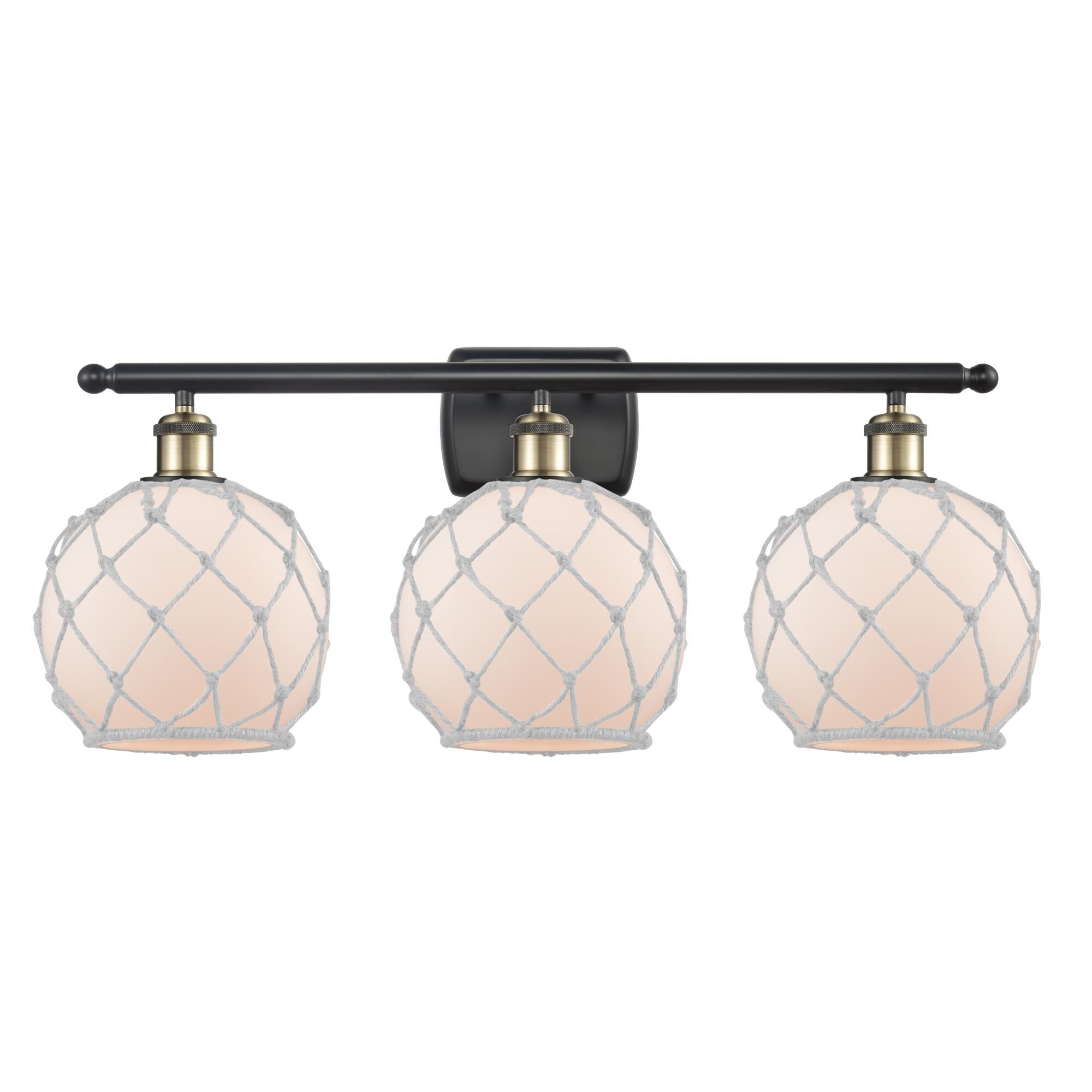 Shown in Black Antique Brass finish and Sphere glass and Glass And Rope shade and Polished Chrome accent