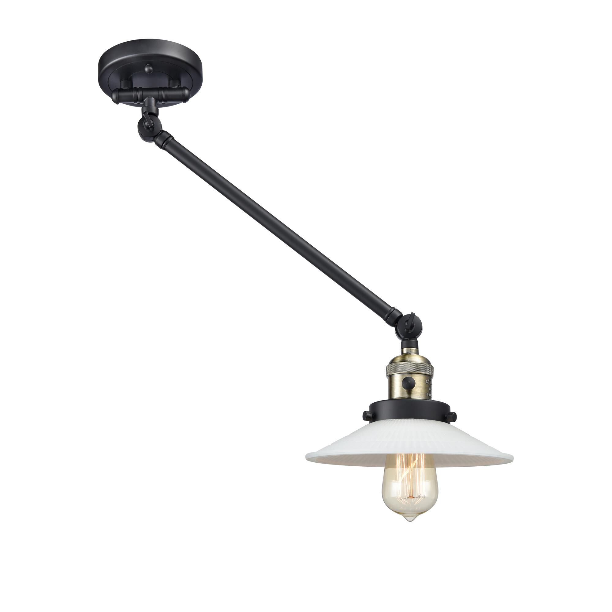 Shown in Black Antique Brass finish and Matte White Halophane - Cone glass