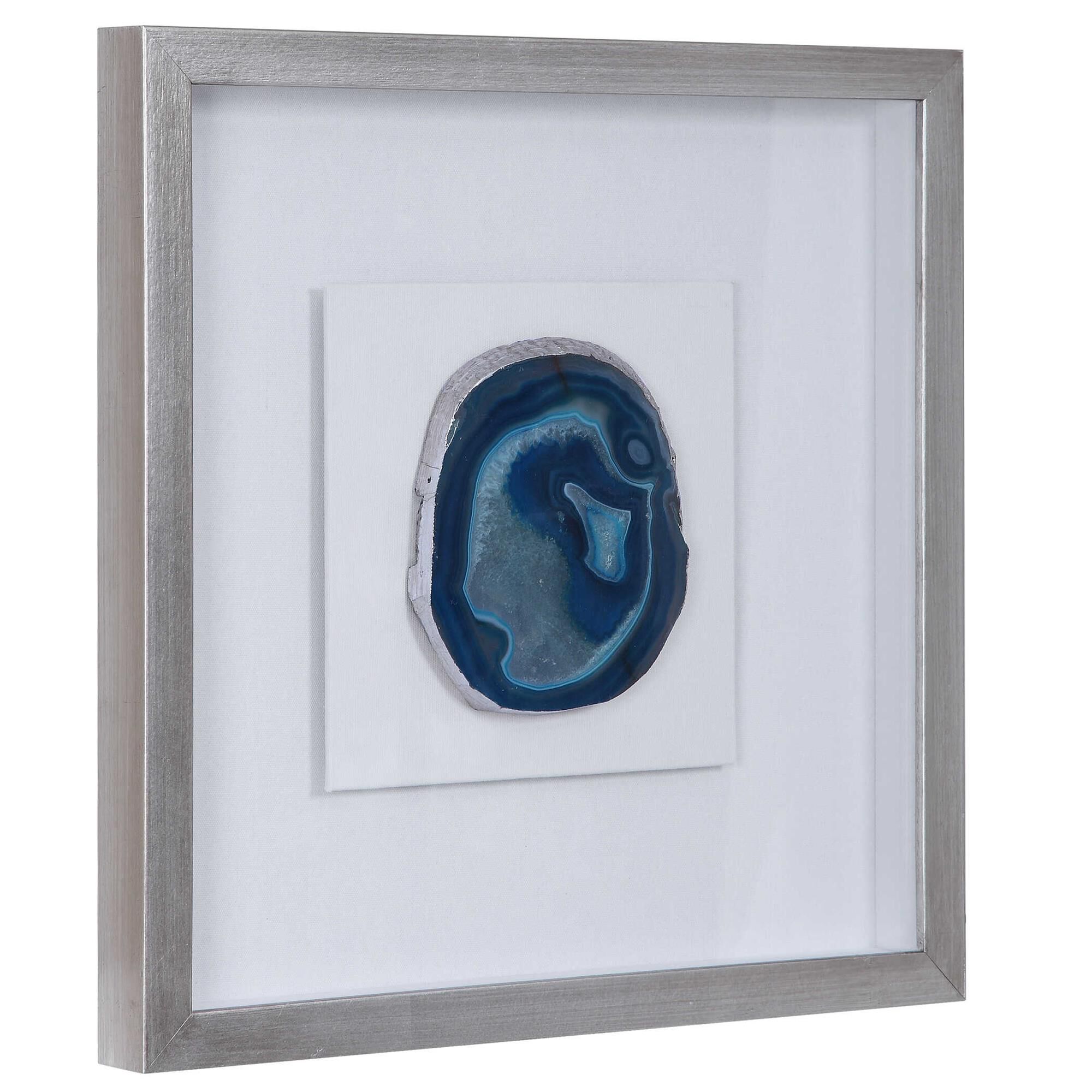 Shown in A Pine Wood Shadow Box Featuring A Hand Applied Silver Leaf Finish Showcases A Striking Blue Agate S finish