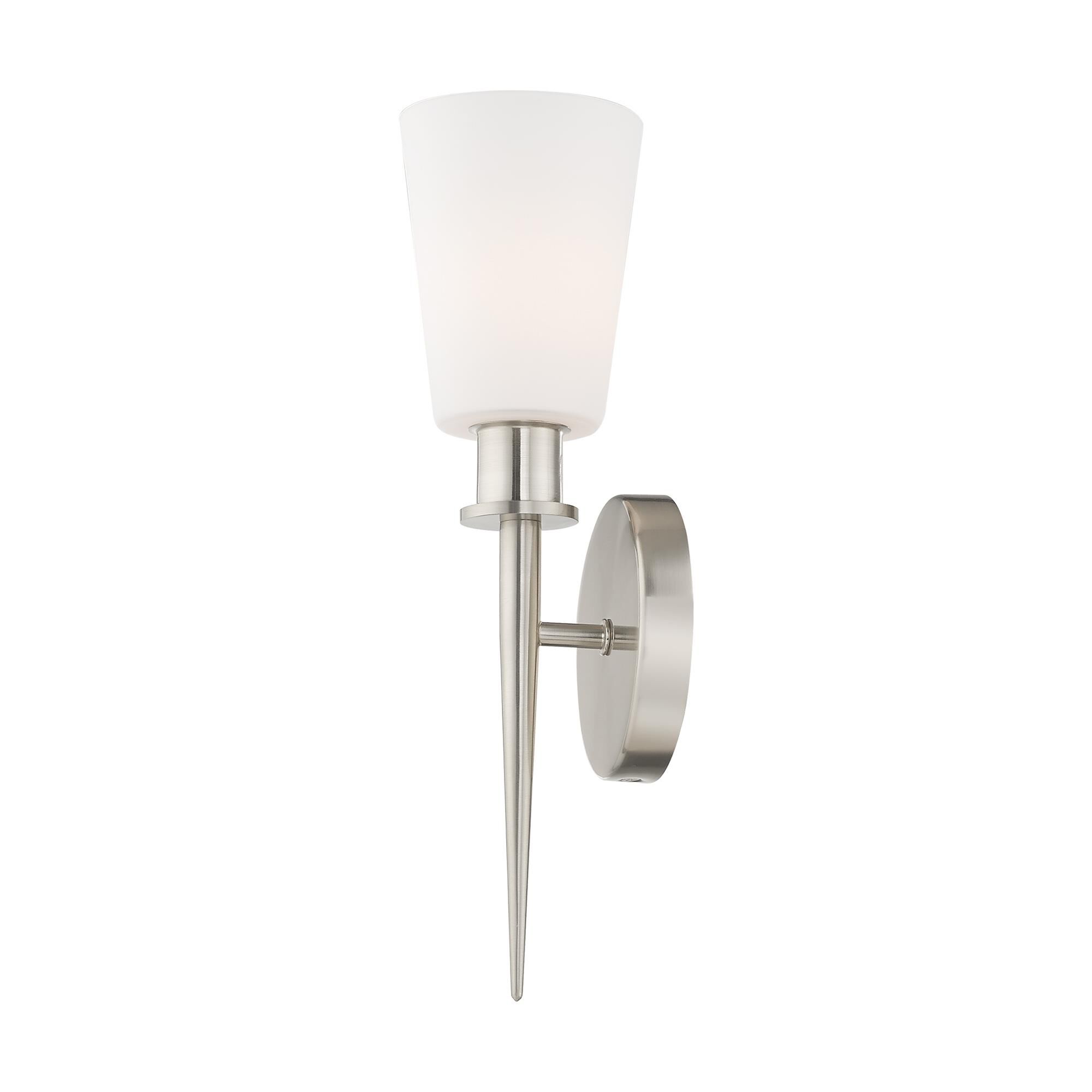 Shown in Brushed Nickel finish and Hand Blown Opal White glass