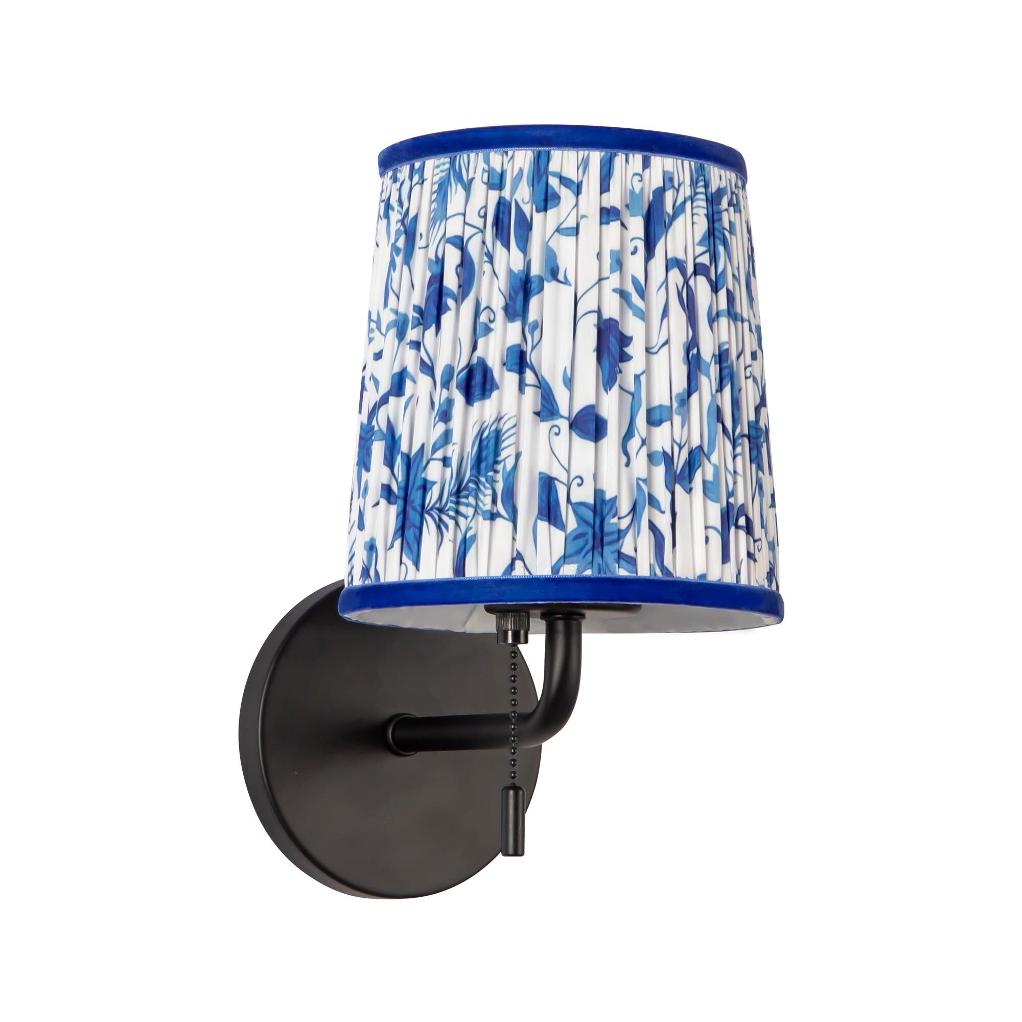 Shown in Matte Black finish and Blue Linen shade