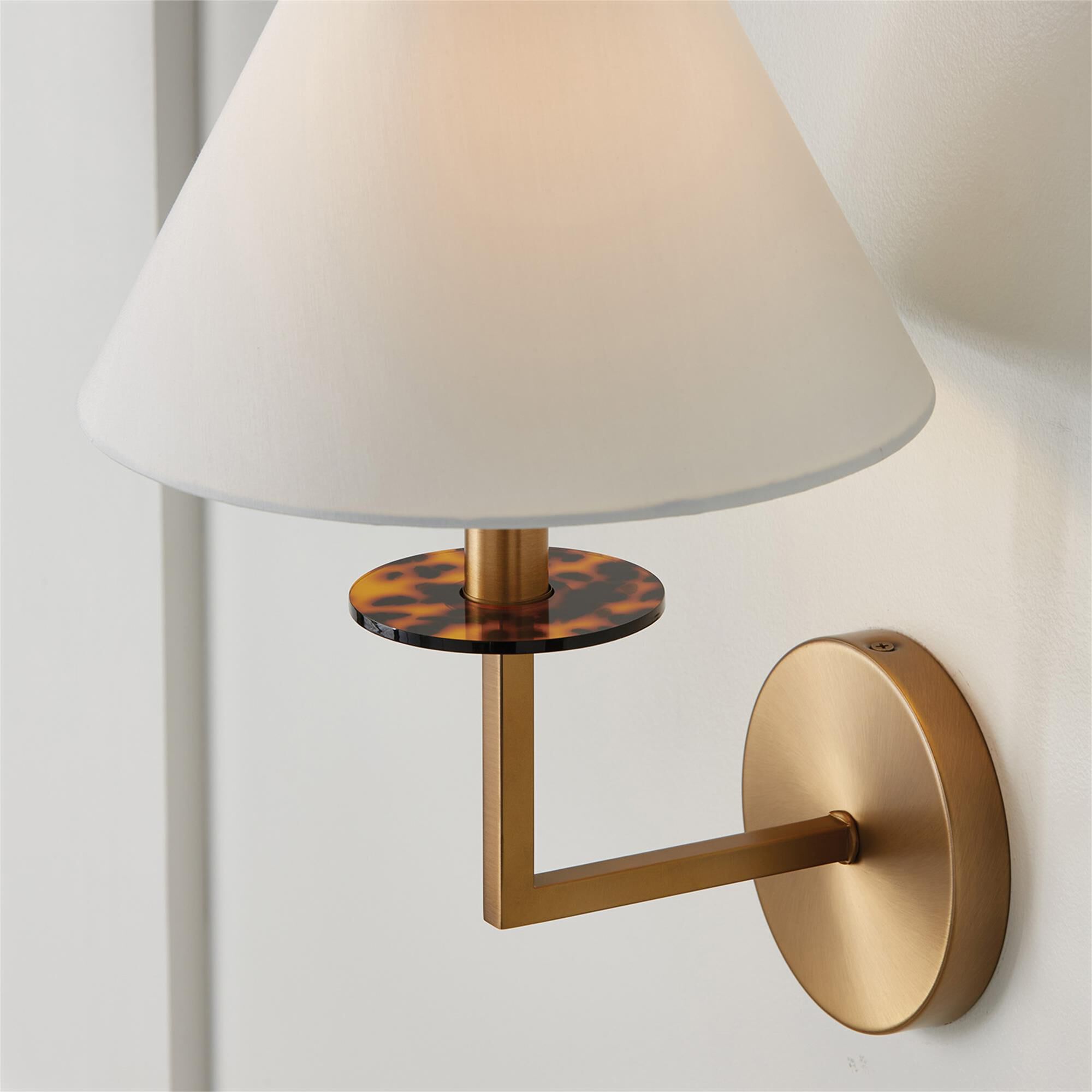 Shown in Aged Brass finish and White Fabric Stay-Straight shade