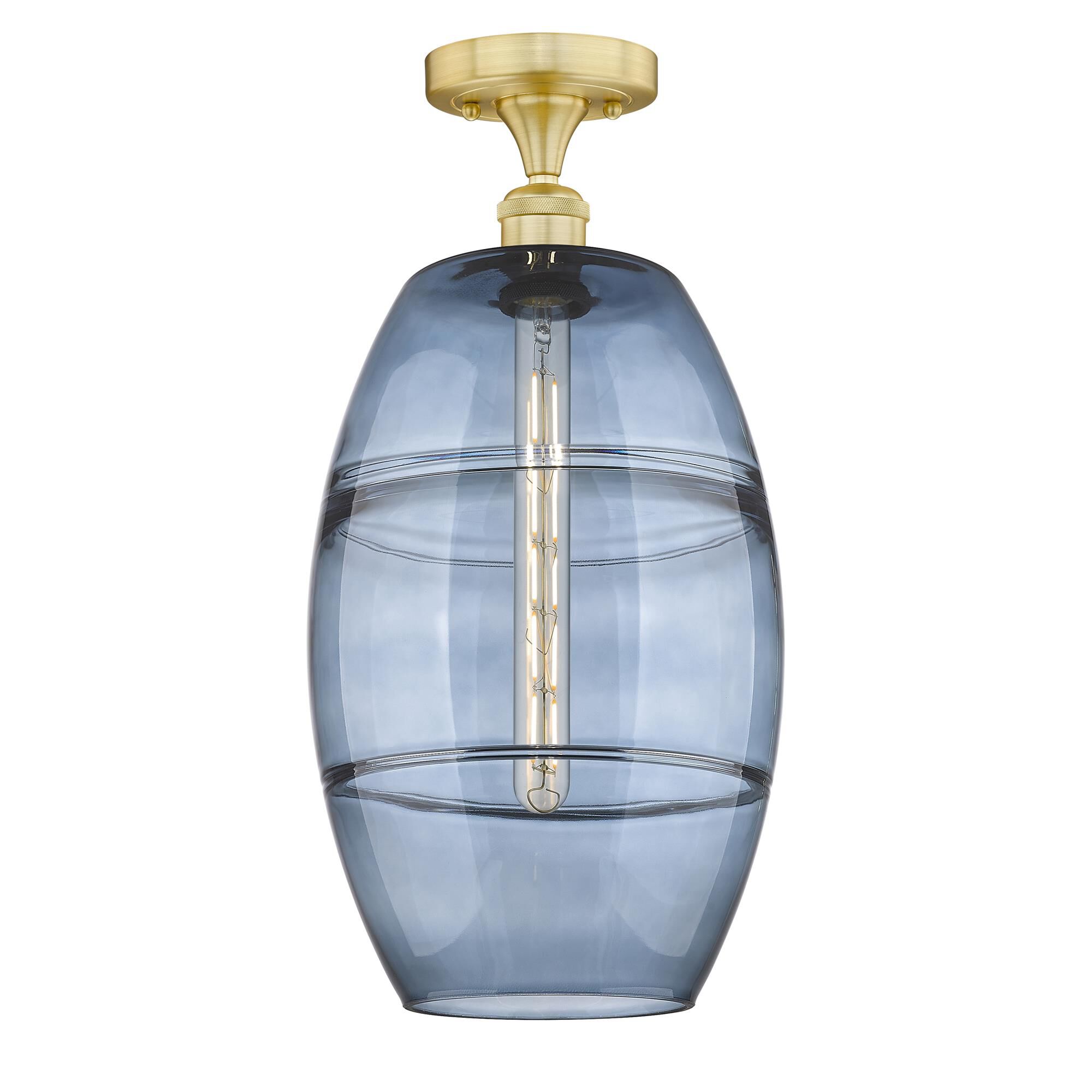 Shown in Satin Gold finish and Princess Blue glass