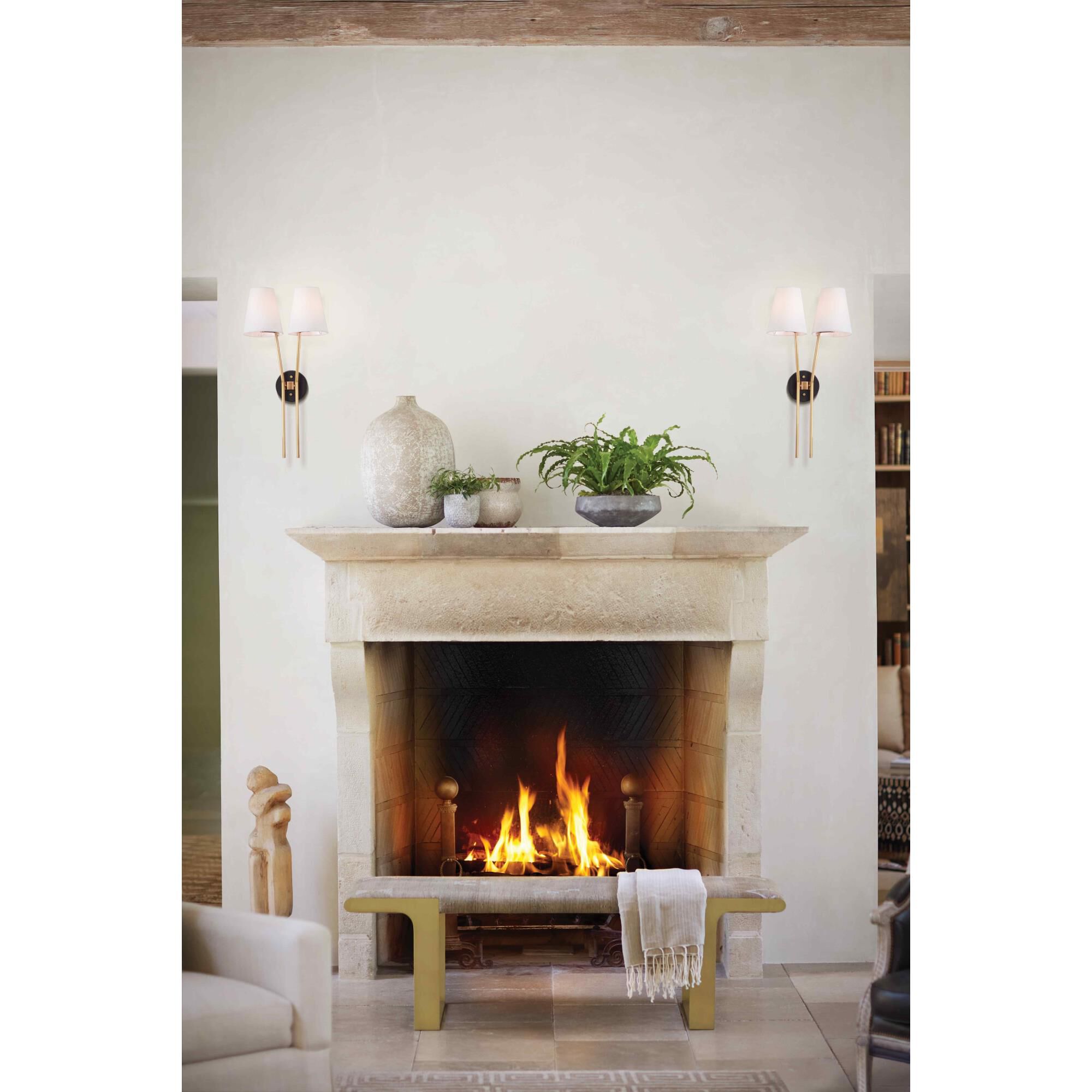 Shown in Heritage Brass finish and Off-White Fabric shade and Black accent