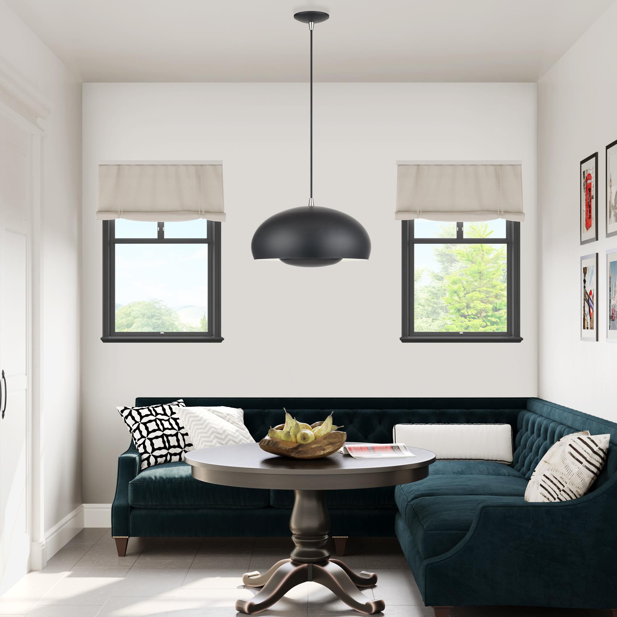 Shown in Black with Brushed Nickel Accents finish and Black Steel with Shiny White Inside shade