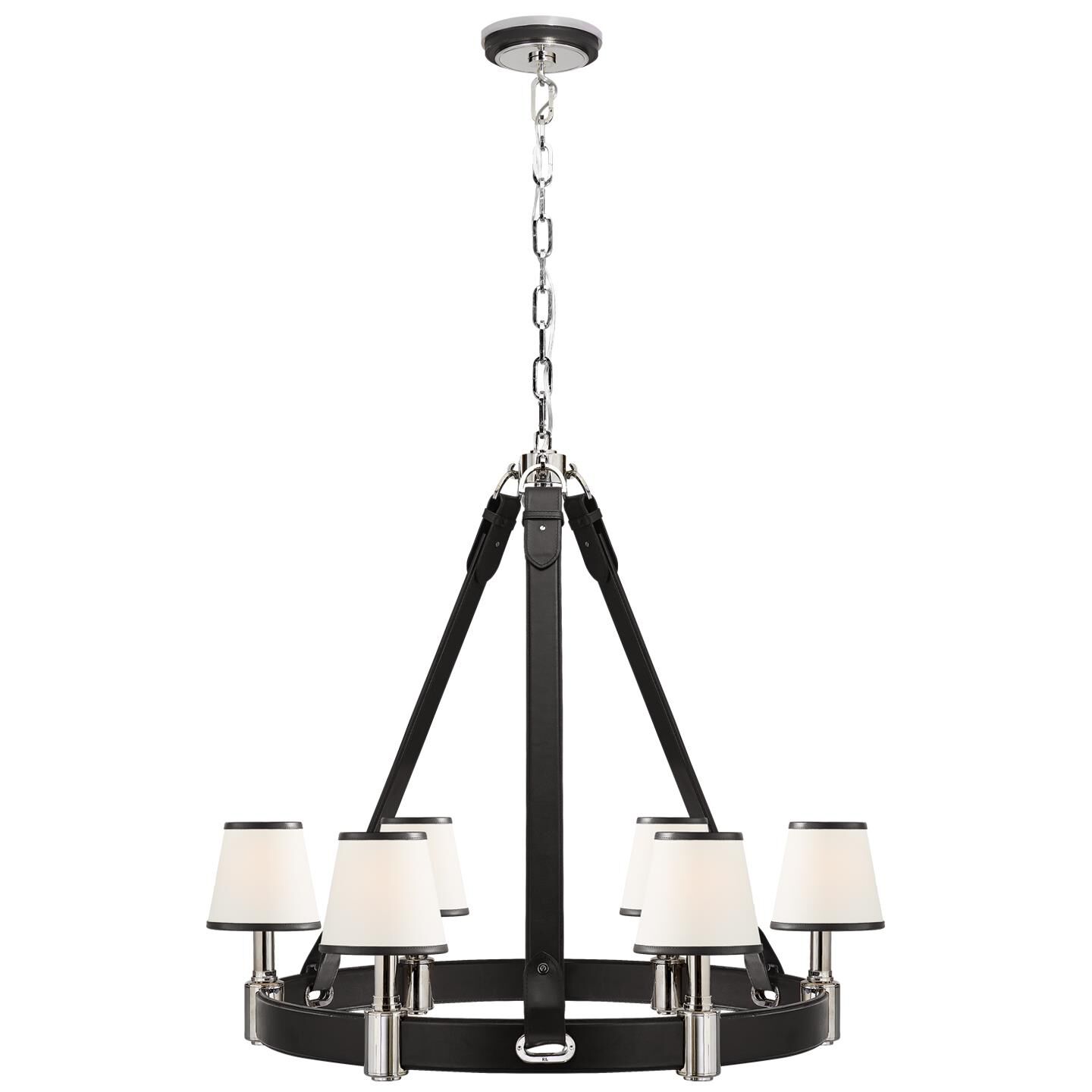 Shown in Polished Nickel And Chocolate Leather finish and Linen With Leather Trim shade