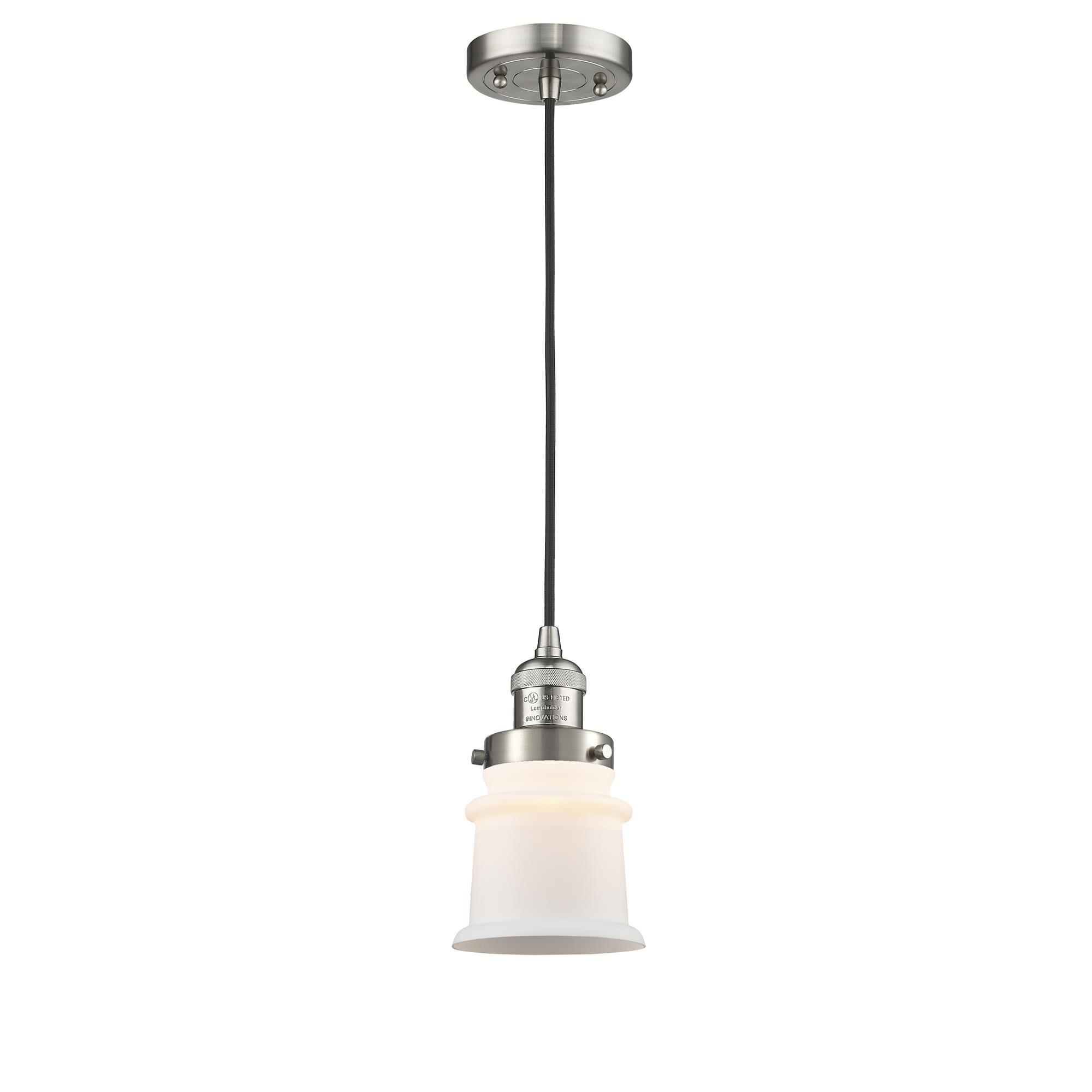 Shown in Brushed Satin Nickel finish and Matte White Cased glass