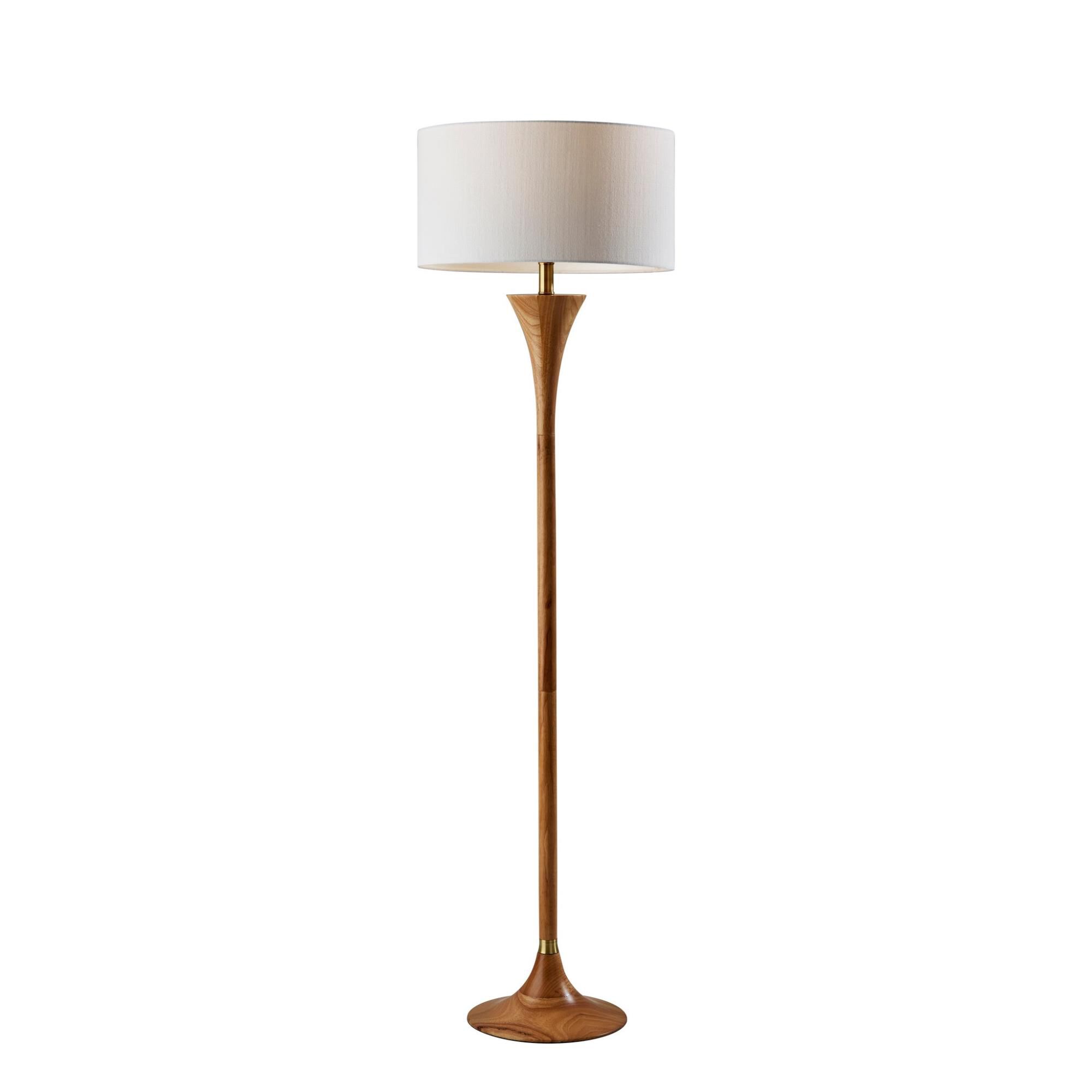Shown in Natural Rubberwood W. Antique Brass Accent finish and White Textured Fabric shade