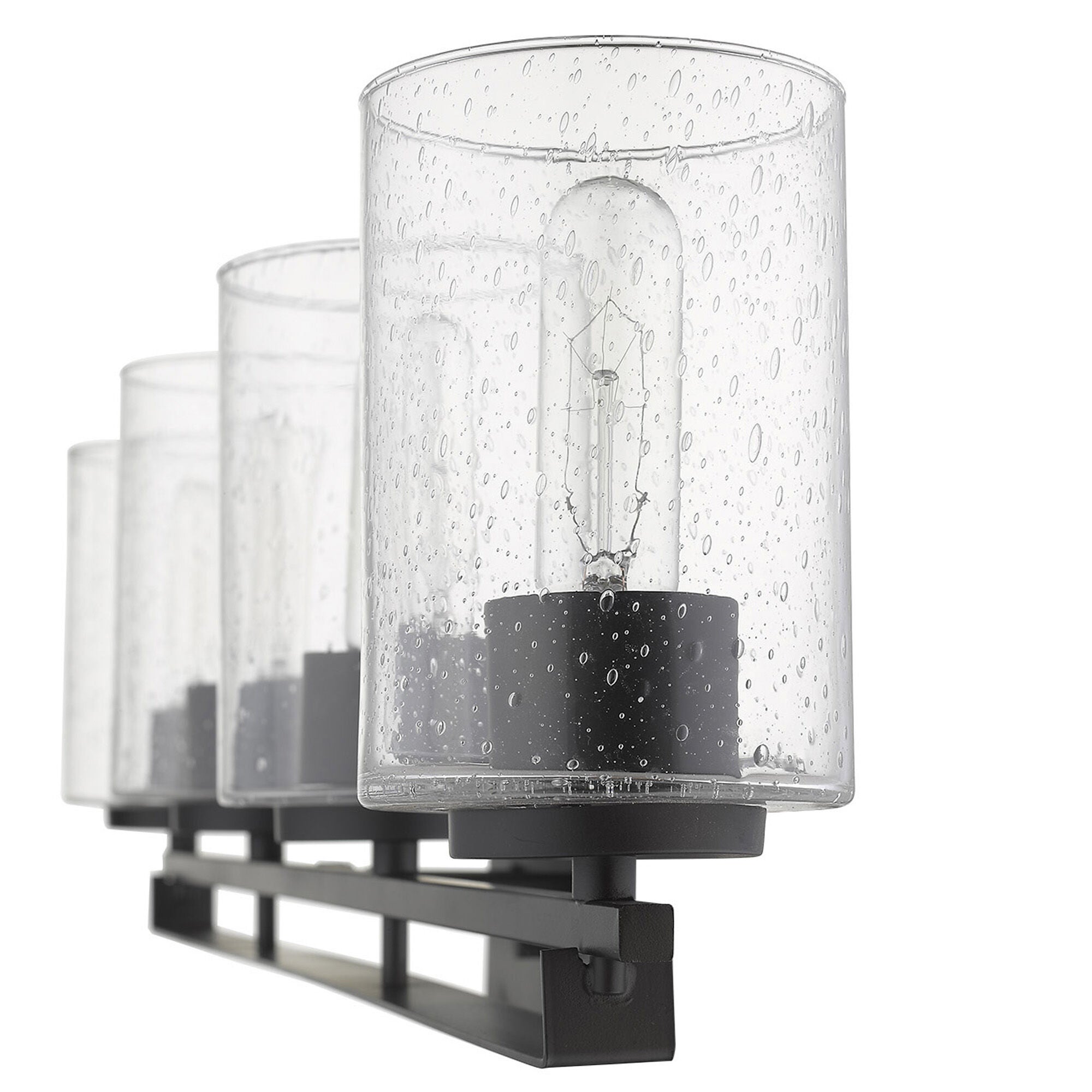 Shown in Matte Black finish and Clear glass and Clear, Seeded Cylindrical Glass s shade