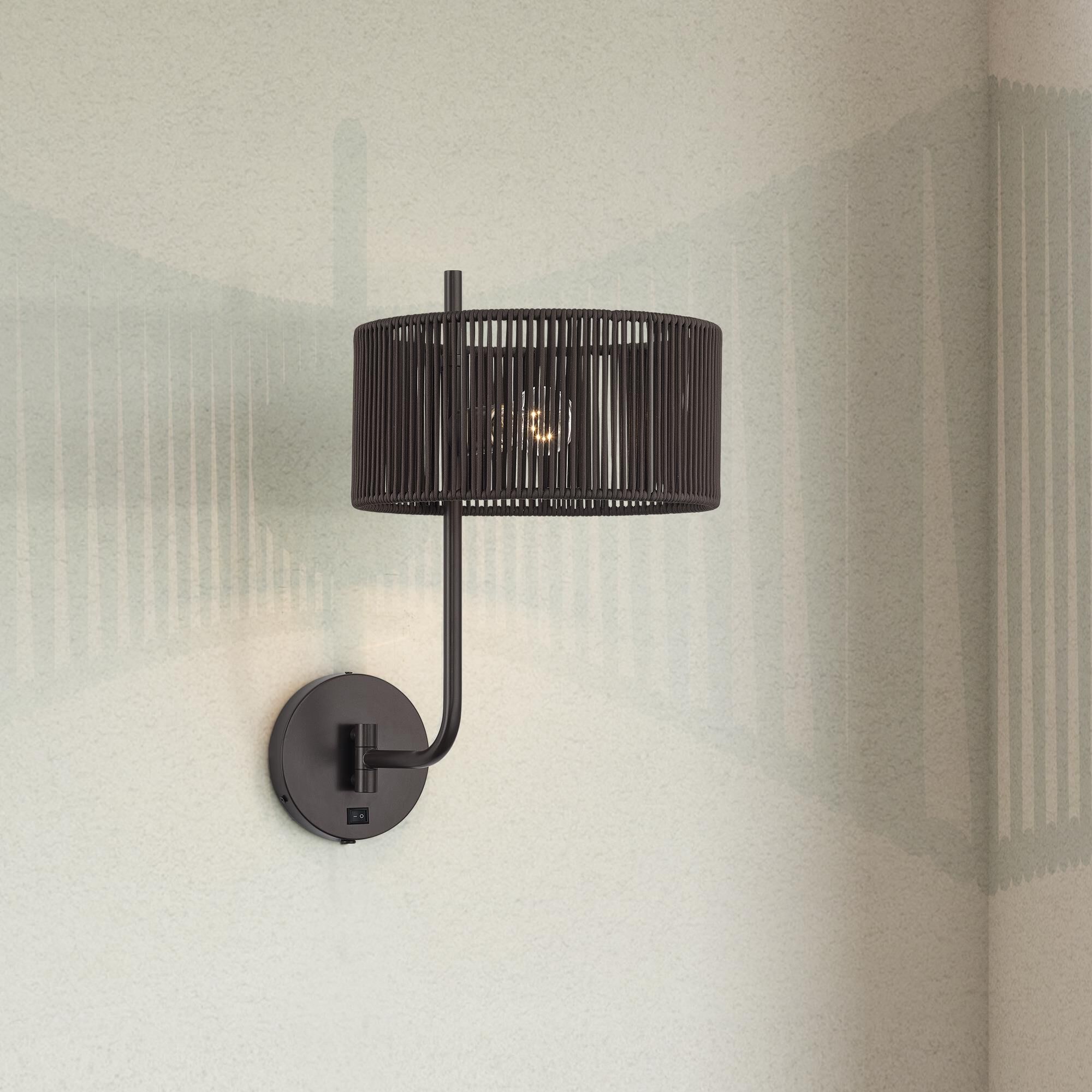 Shown in English Bronze finish and Hand-Woven Dark Chocolate Color Polyester Rope shade