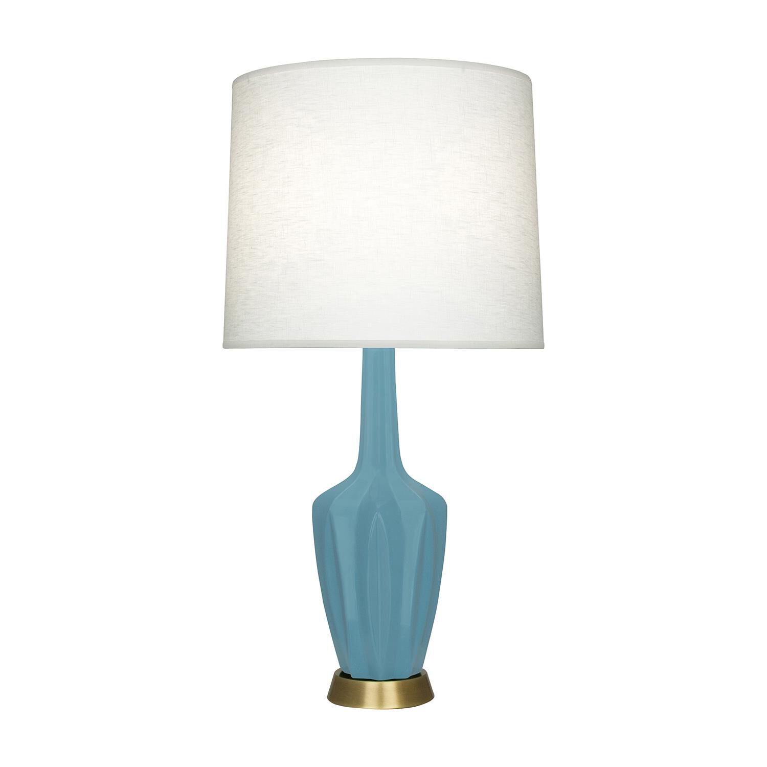 Shown in Matte Steel Blue finish and Off White shade and Warm Brass accent