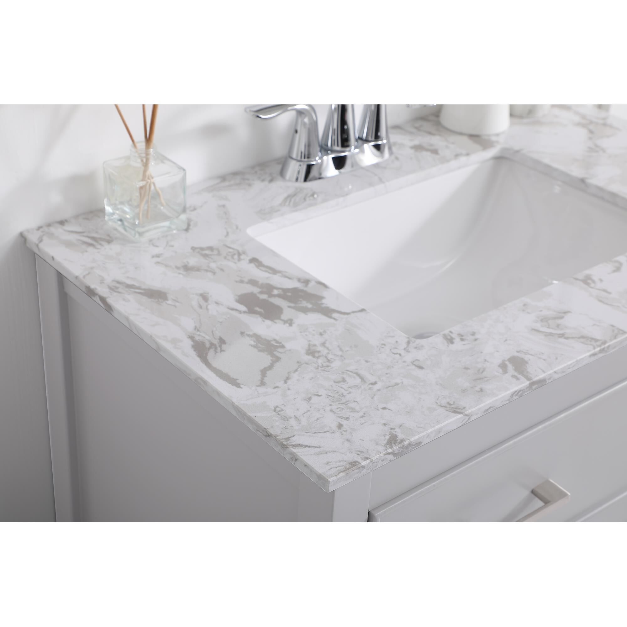 Shown in Grey And Brushed Nickel With Calacatta Quartz finish