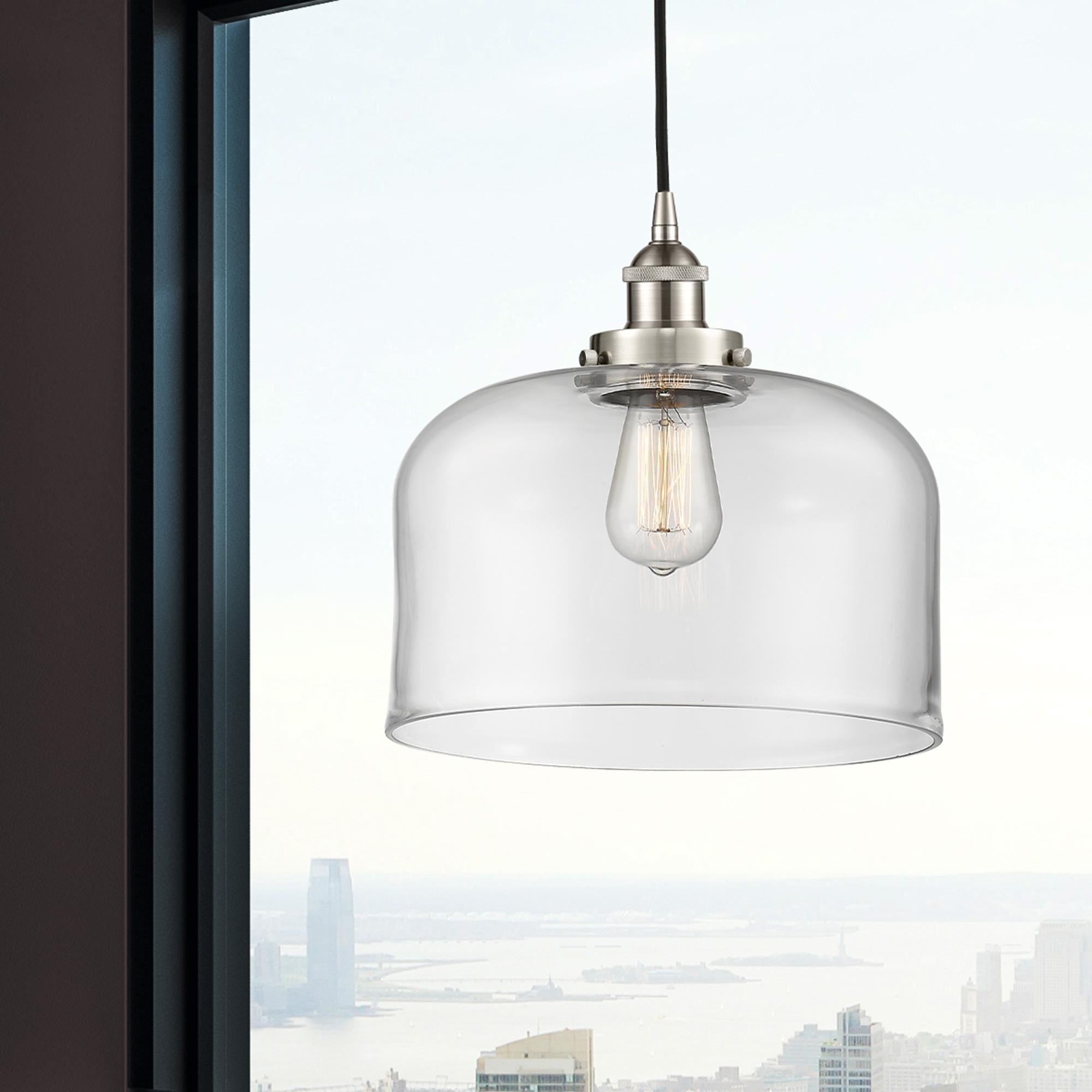 Shown in Brushed Satin Nickel finish and Clear X-Large Bell glass