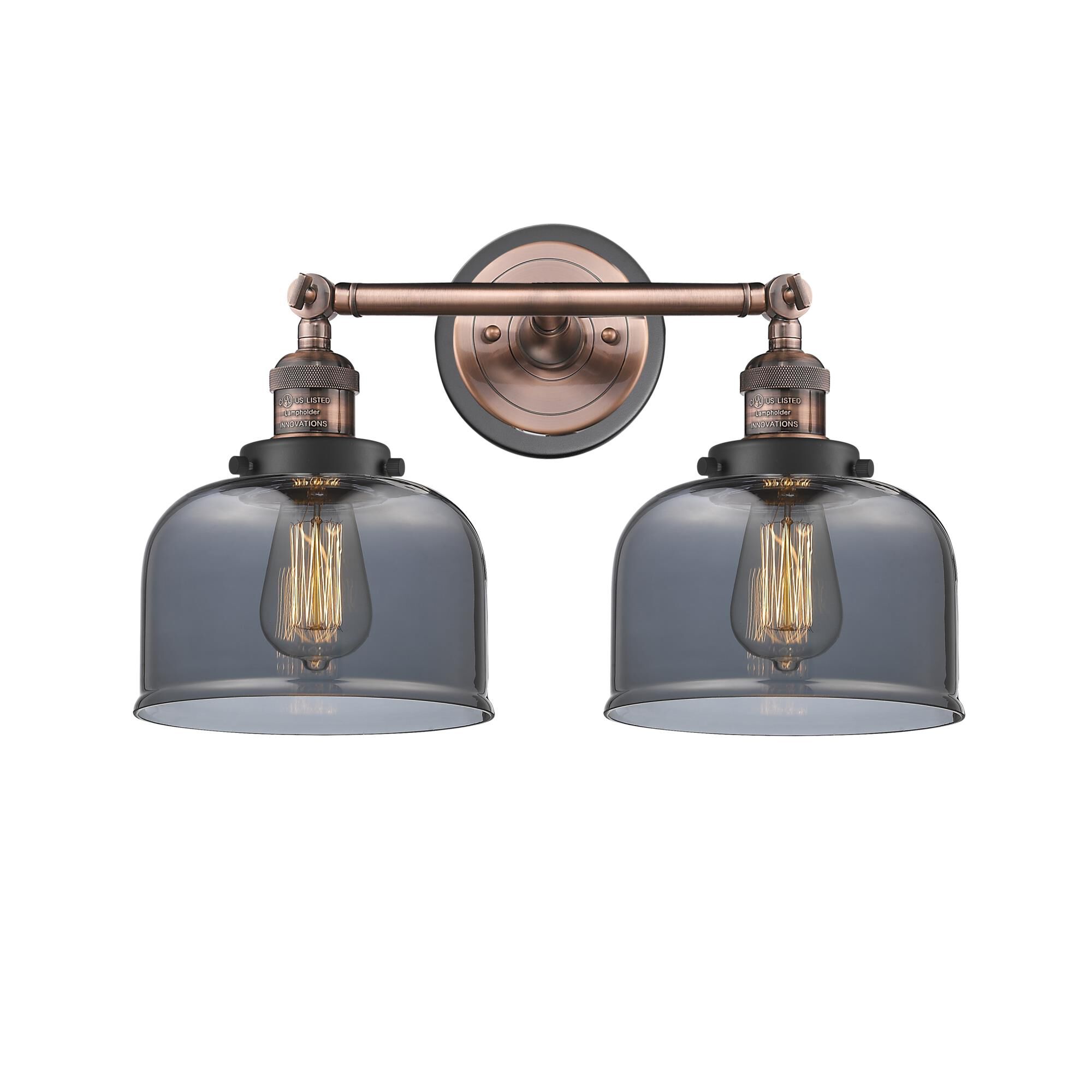 Shown in Antique Copper finish and Plated Smoke Large Bell glass and Matte Black accent