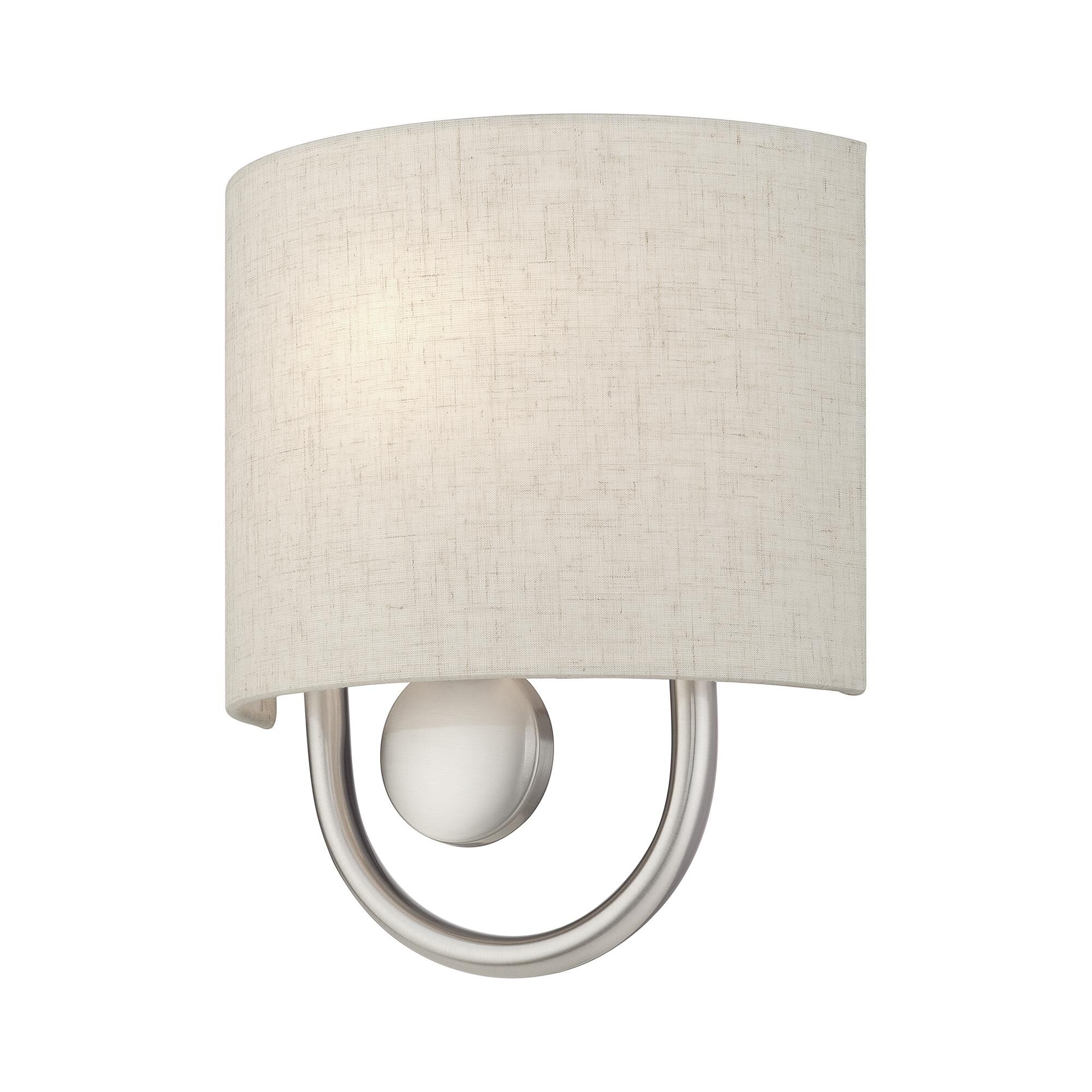 Shown in Brushed Nickel finish and Hand Crafted Oatmeal Color Fabric Hardback with White Fabric Inside shade