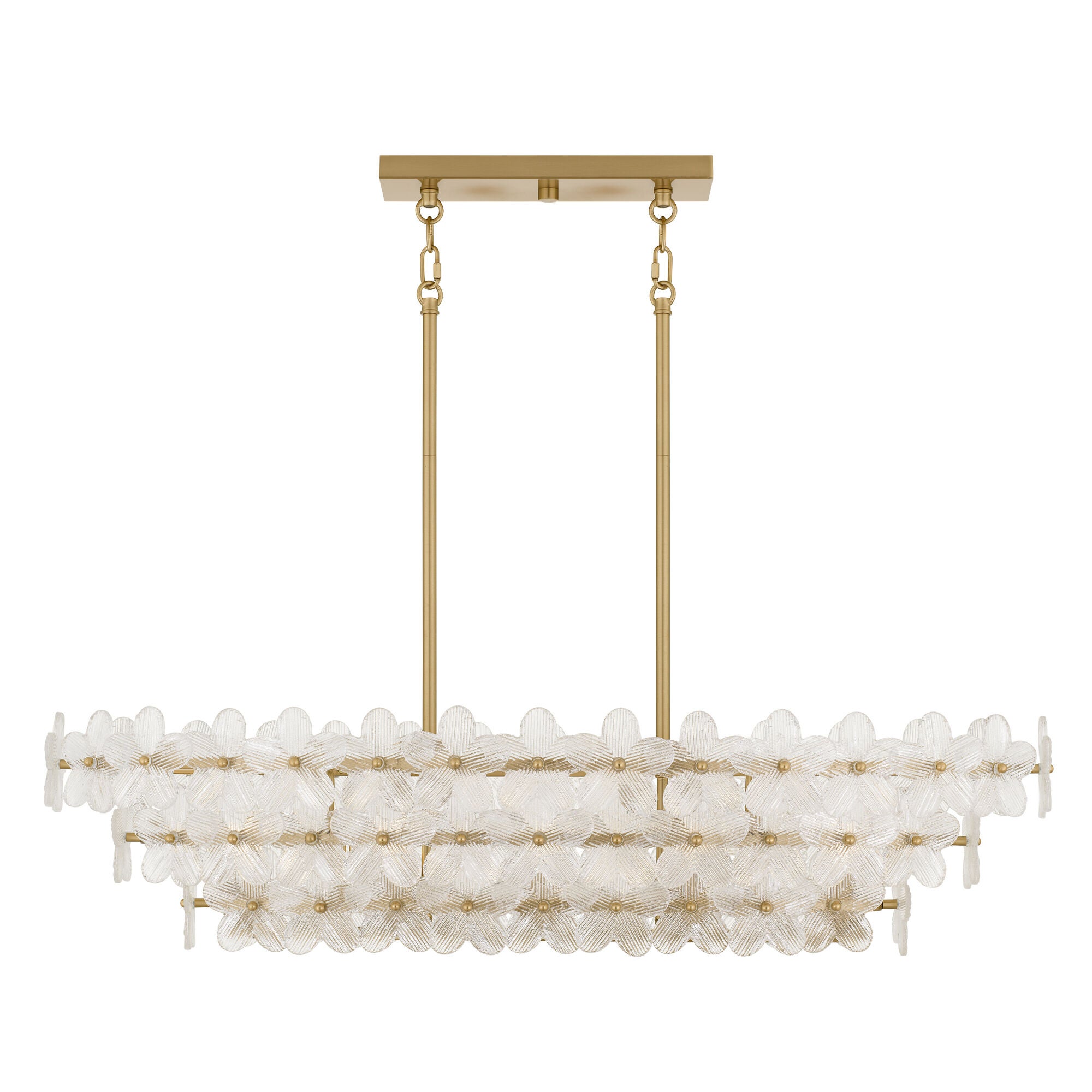 Shown in Brushed Gold finish and Clear Textured Glass shade