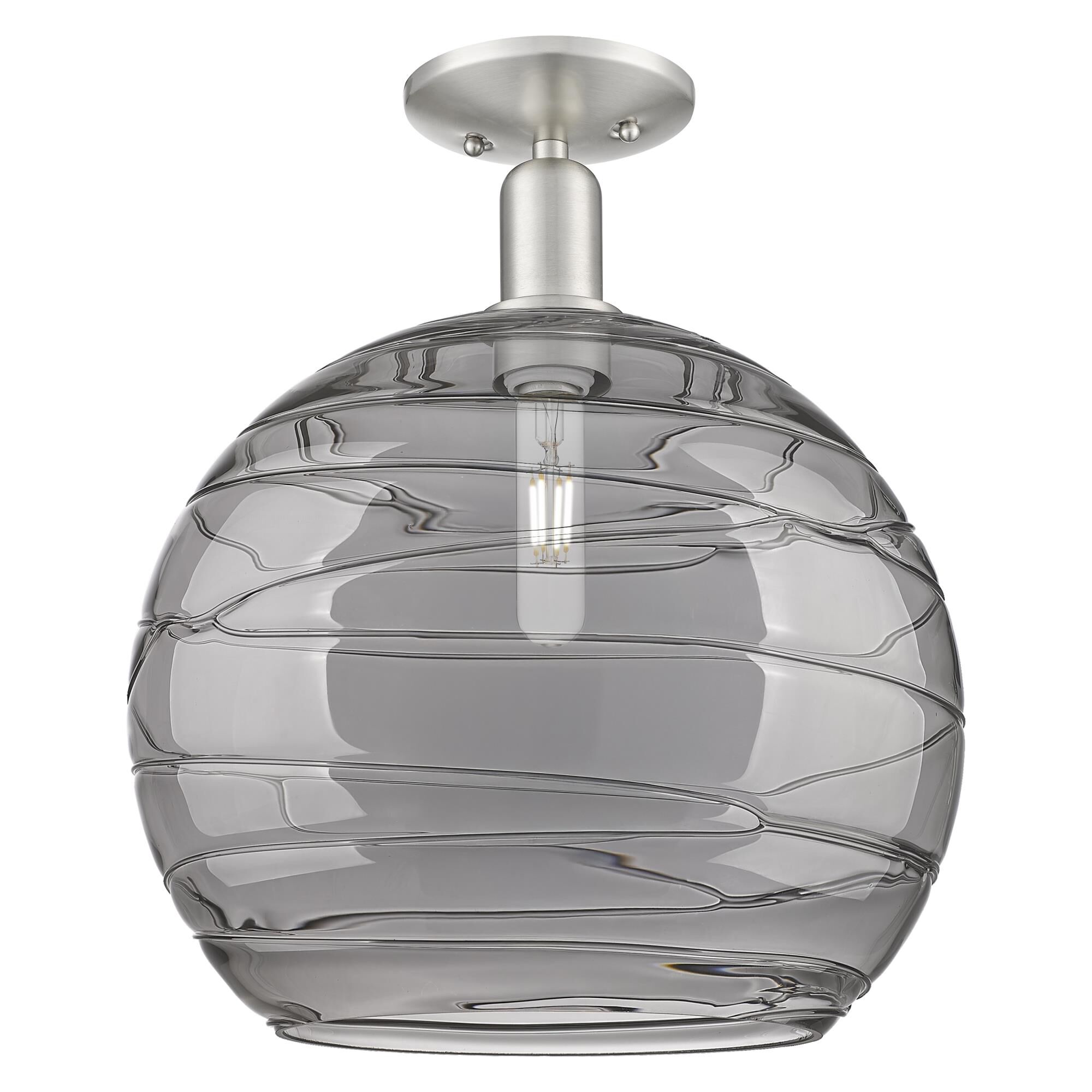 Shown in Brushed Satin Nickel finish and Light Smoke Deco Swirl glass