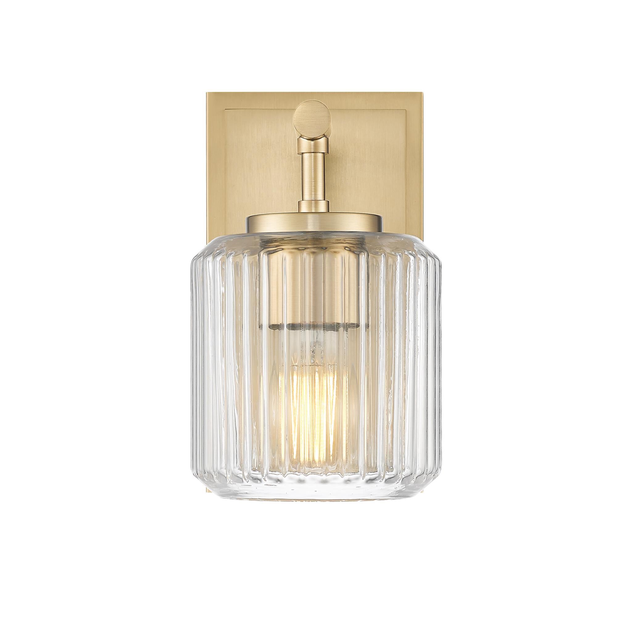 Shown in Modern Gold finish and Clear Ribbed glass and Clear Ribbed shade