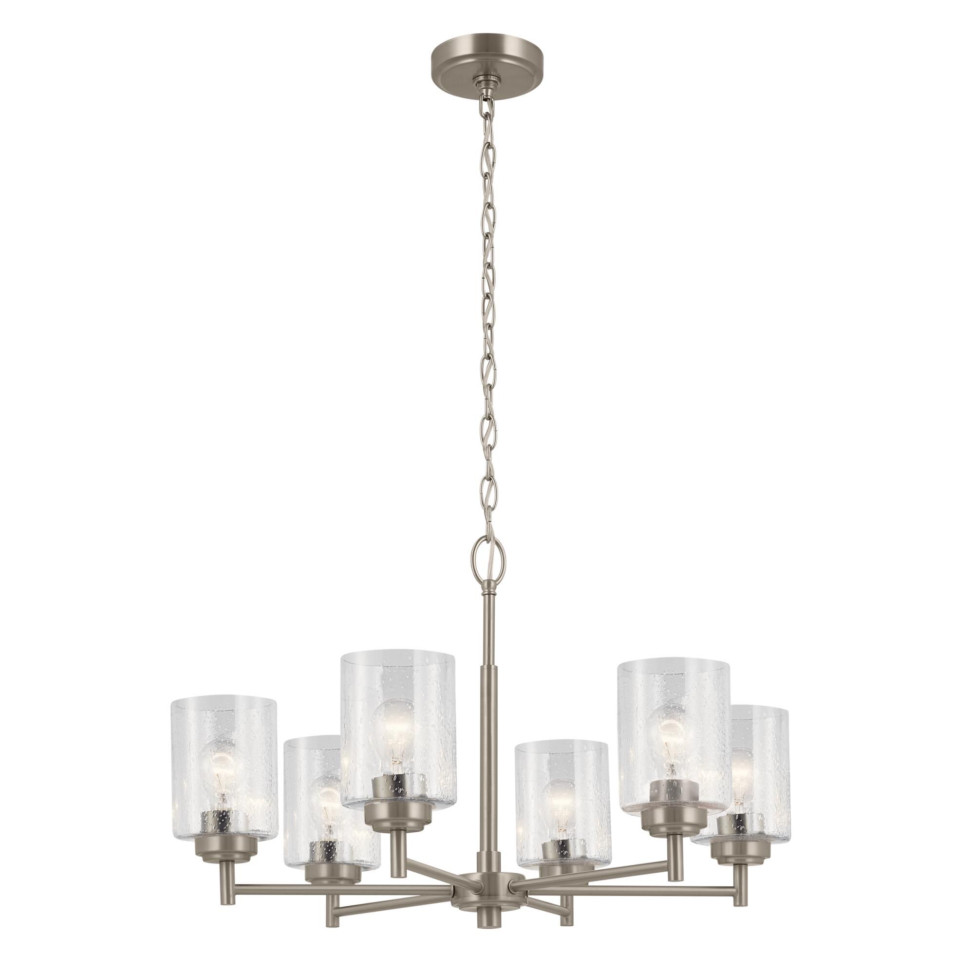 Shown in Brushed Nickel finish and Clear Seeded glass