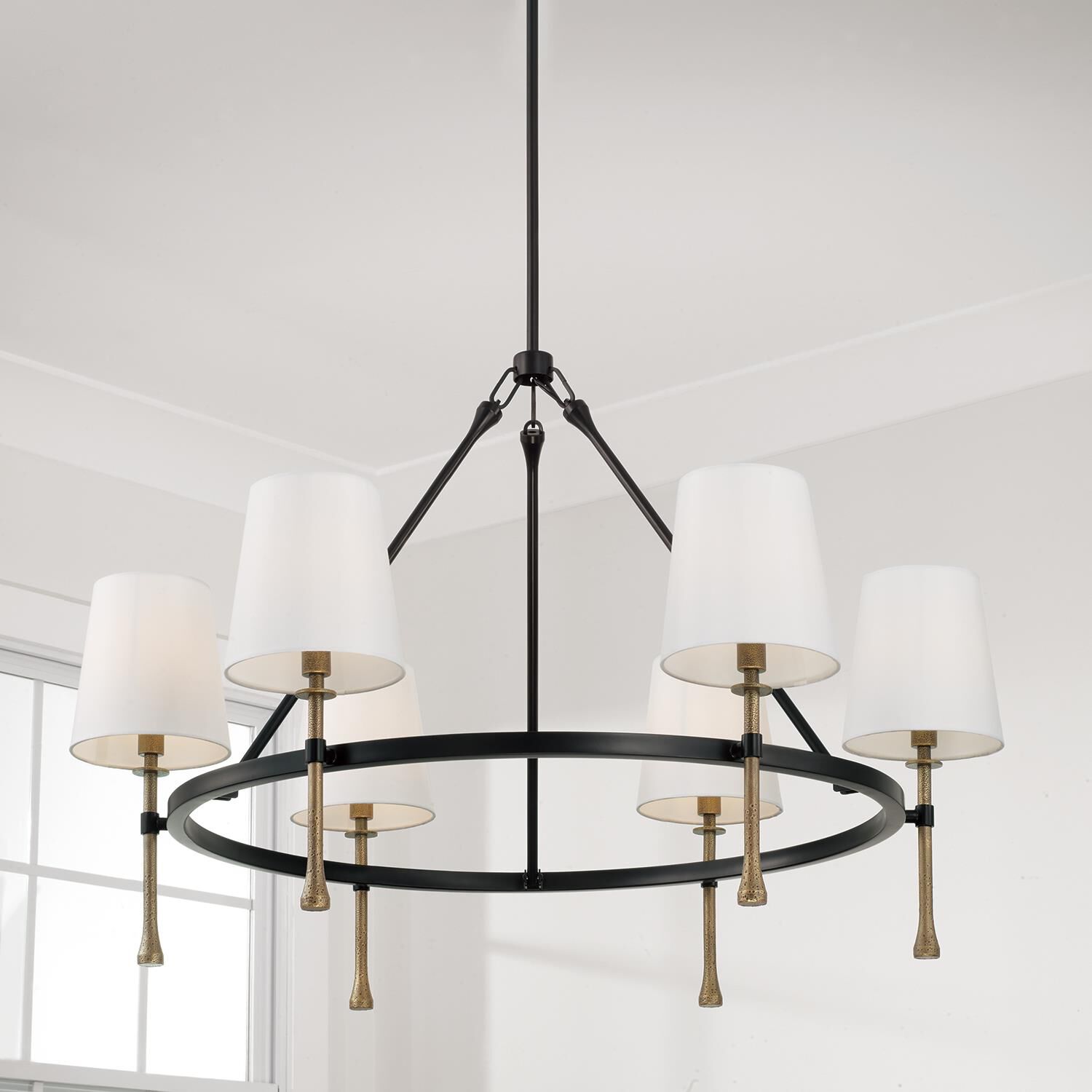 Shown in Matte Black With Hammered Gold finish and White Fabric Stay-Straight s shade