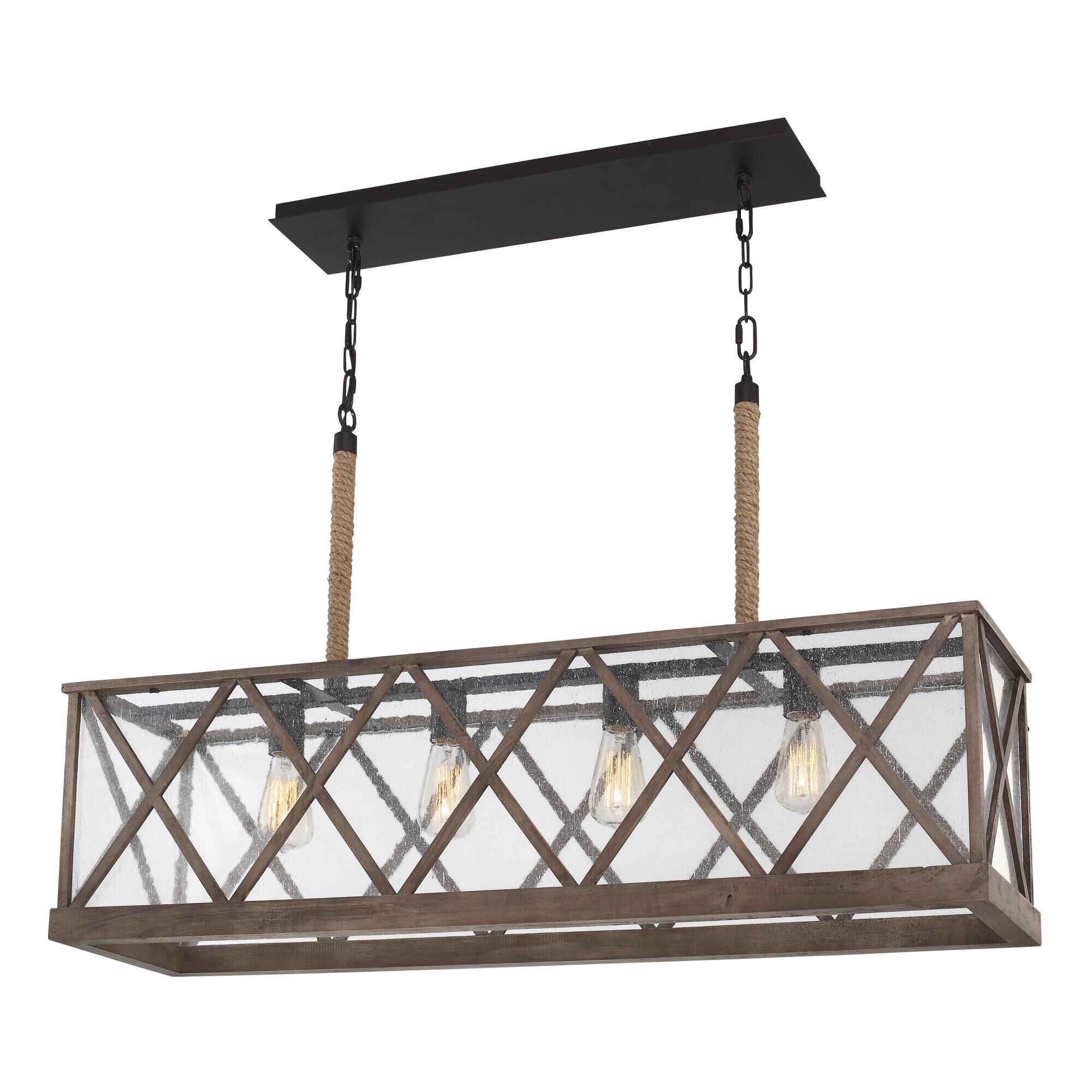 Shown in Dark Weathered Oak - Oil Rubbed Bronze finish and Clear Seeded Panels glass and Oil Rubbed Bronze accent