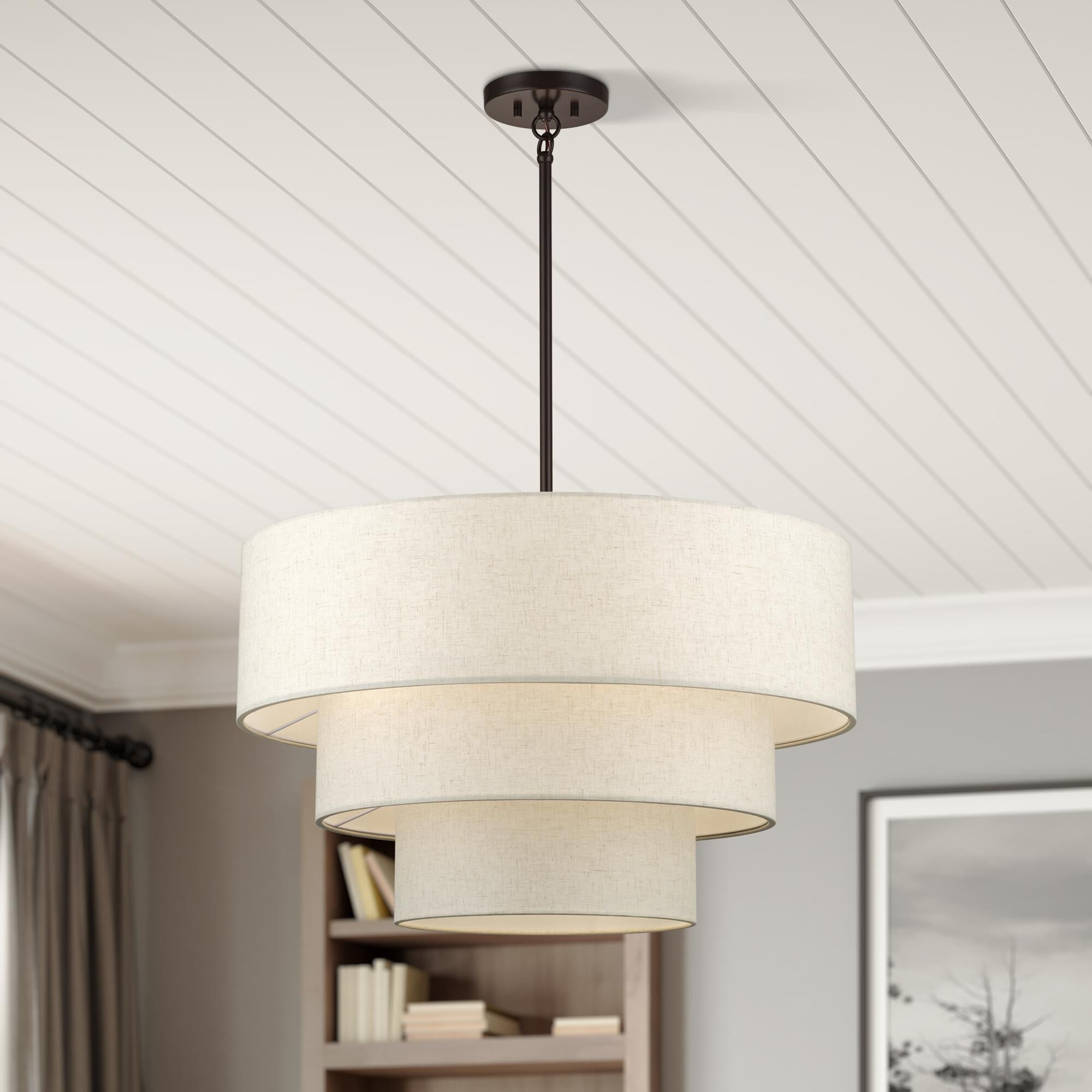 Shown in English Bronze finish and Hand Crafted Oatmeal Color Fabric with White Color Inside shade