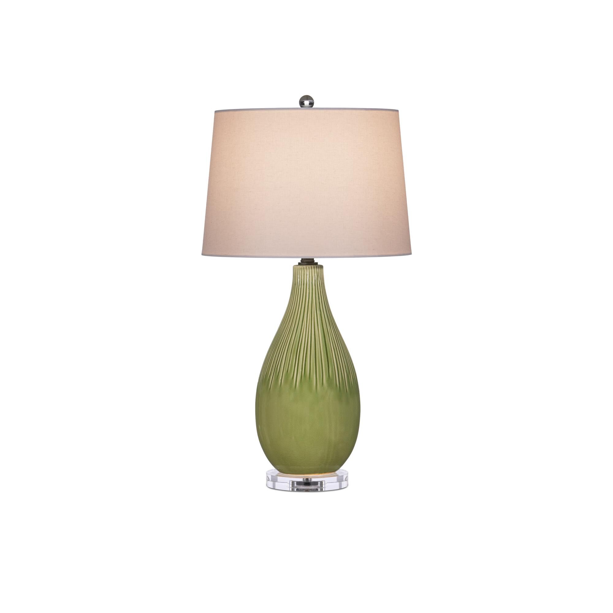 Shown in Pale Green/Off-White/Clear/Satin Nickel finish and White Linen shade
