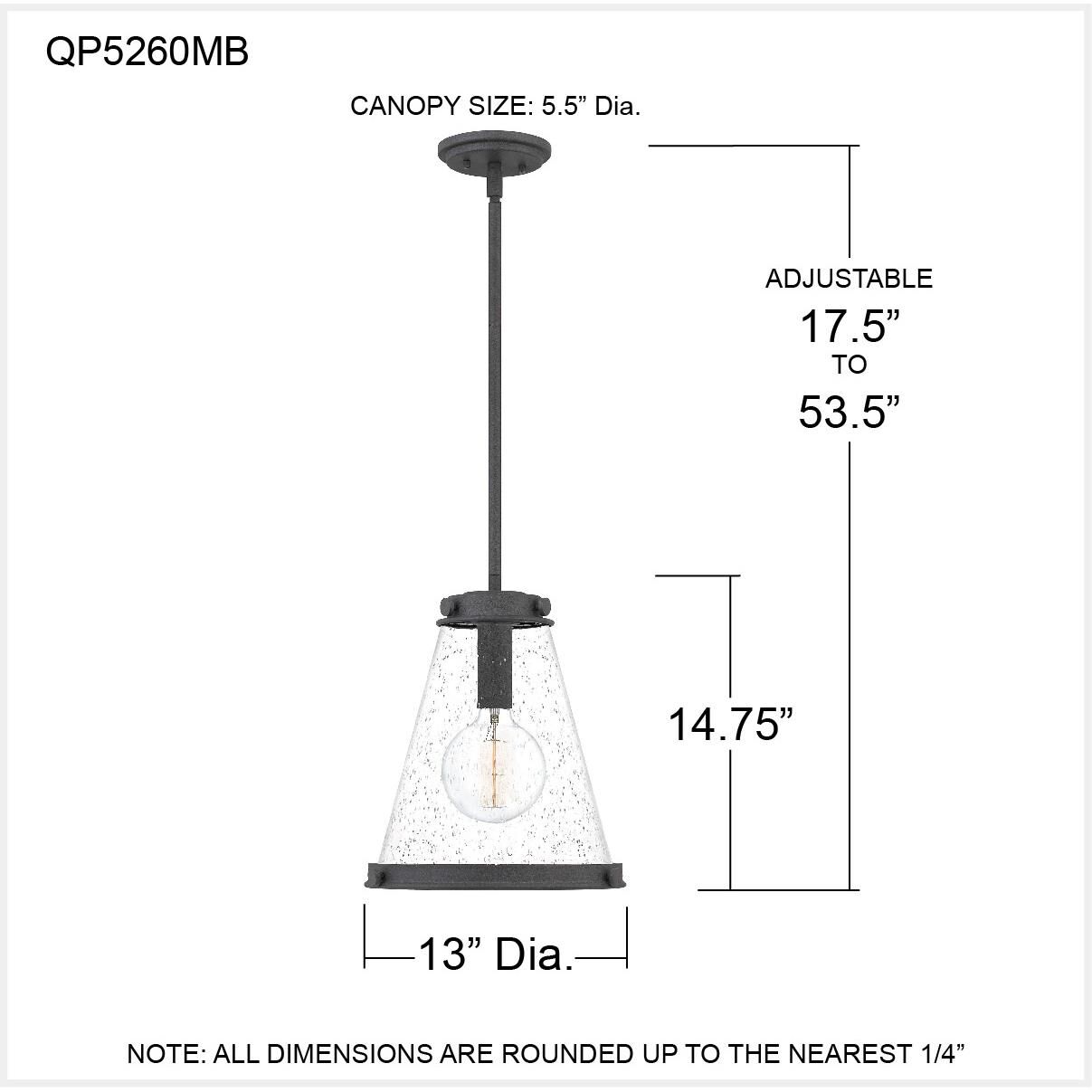 Shown in Mottled Black finish and Clear Seeded Glass shade