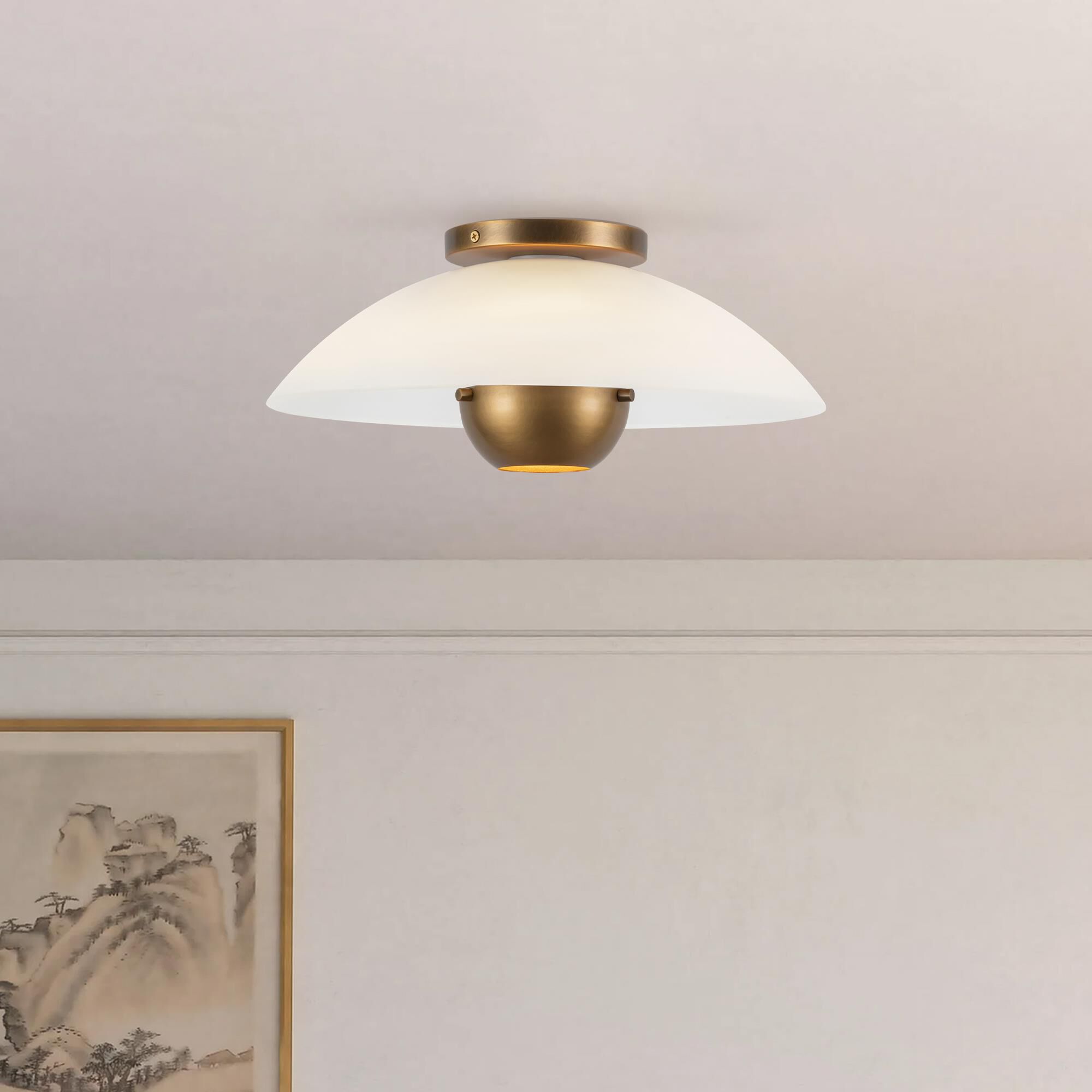 Shown in Vintage Brass finish and Matte Opal Glass shade