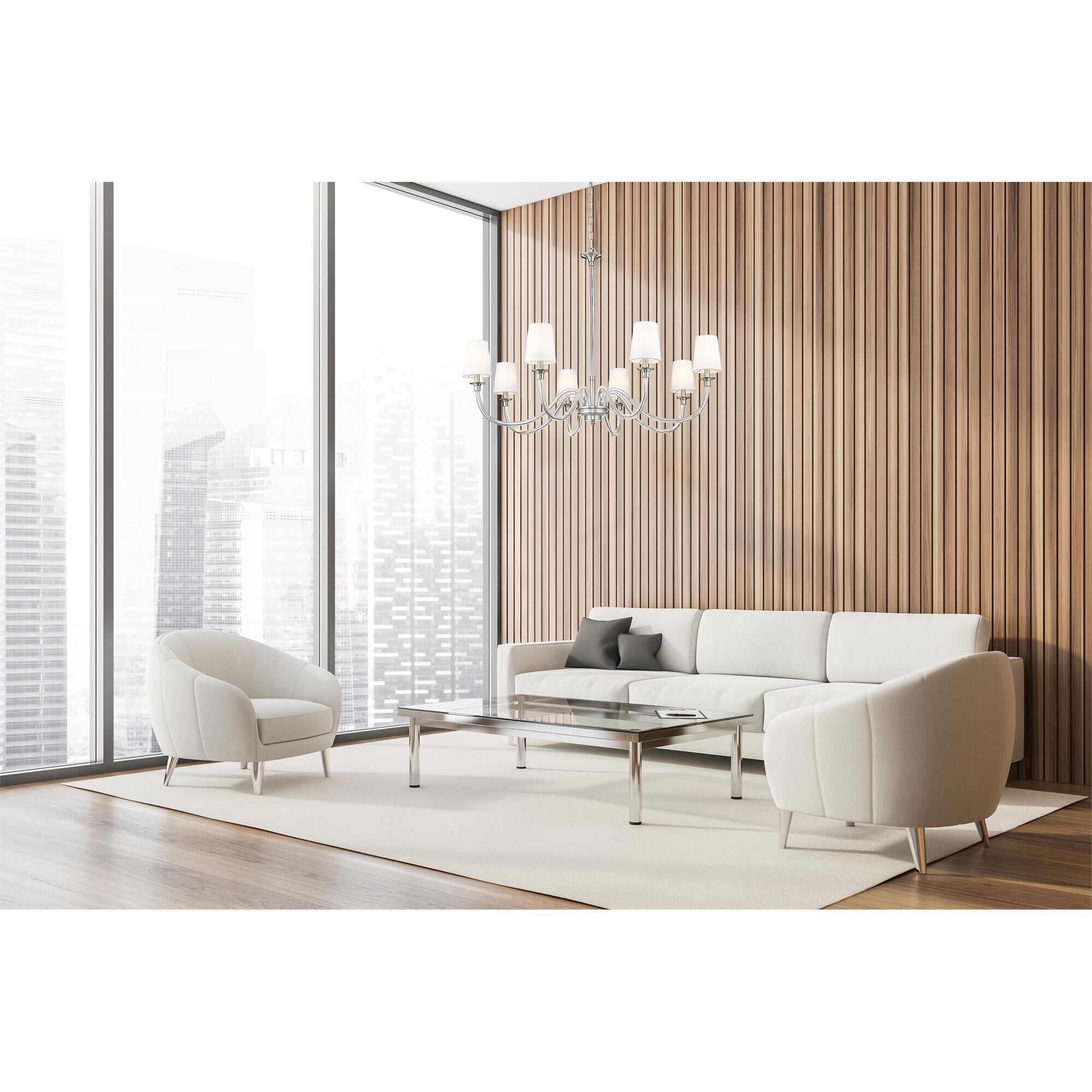 Shown in Brushed Nickel finish and White glass and White shade