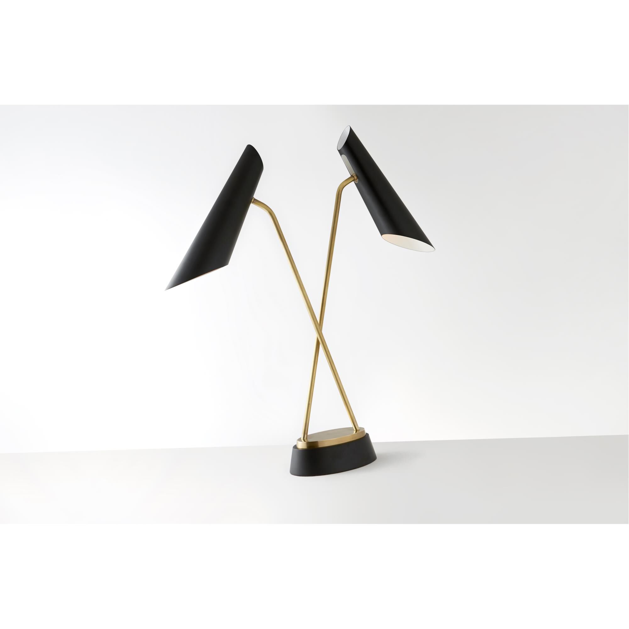 Shown in Hand-Rubbed Antique Brass finish and Black shade