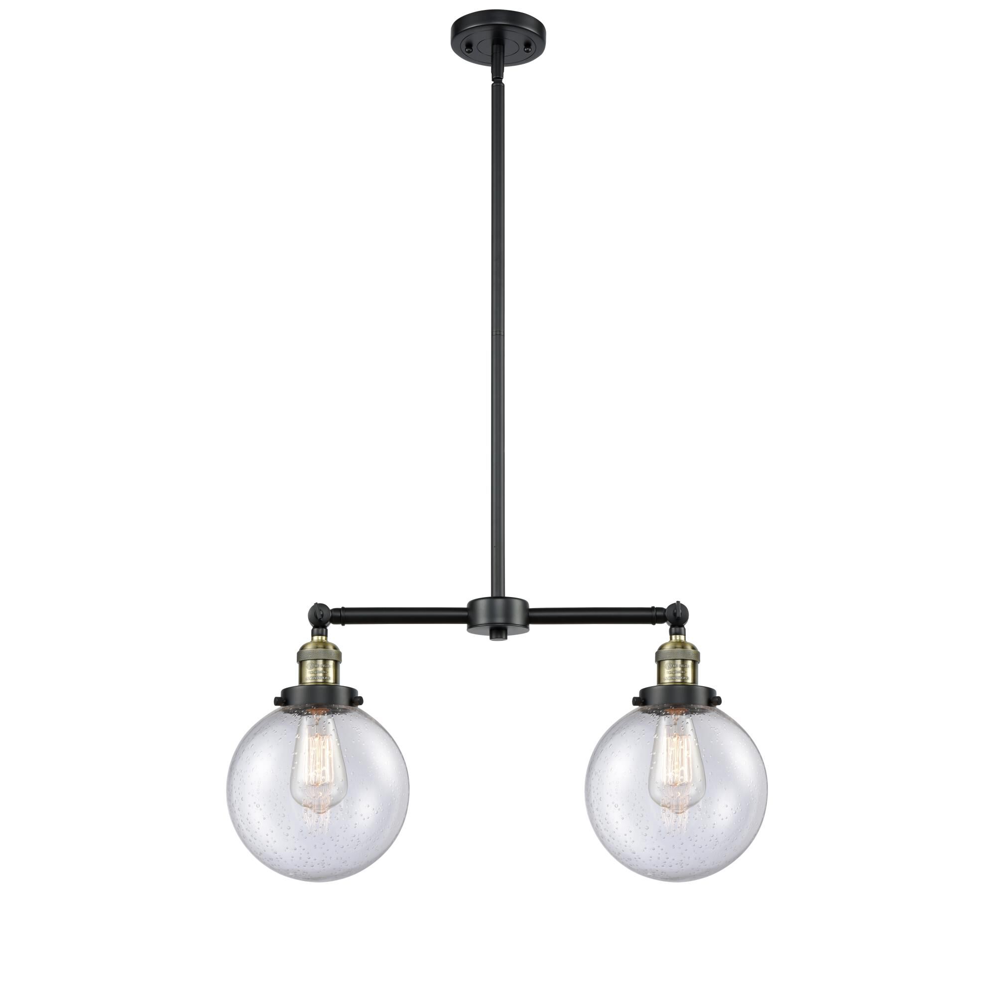 Shown in Black Antique Brass finish and Seedy glass