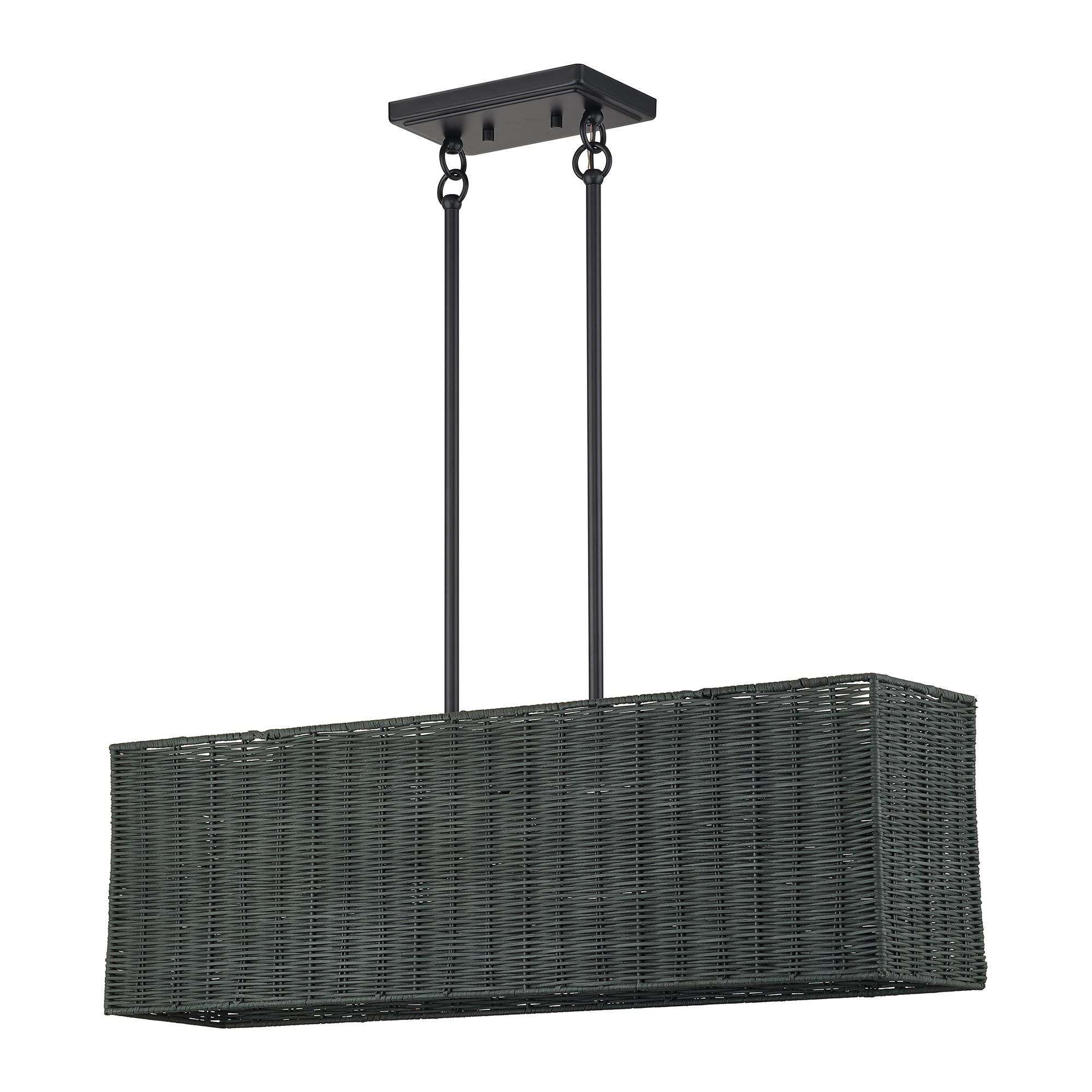 Shown in Black finish and Hand-Woven Charred Gray Color Rattan shade