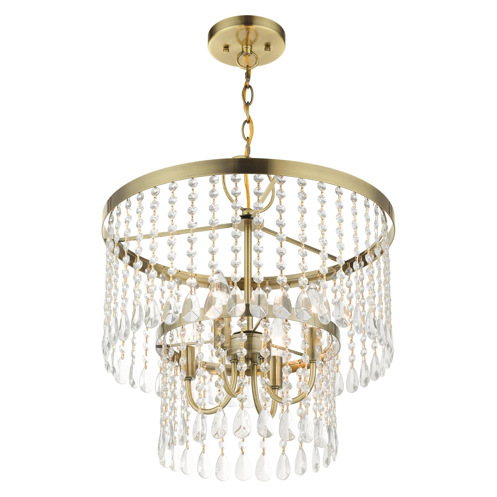 Shown in Antique Brass finish and Hand Assembled Crystal Shade glass