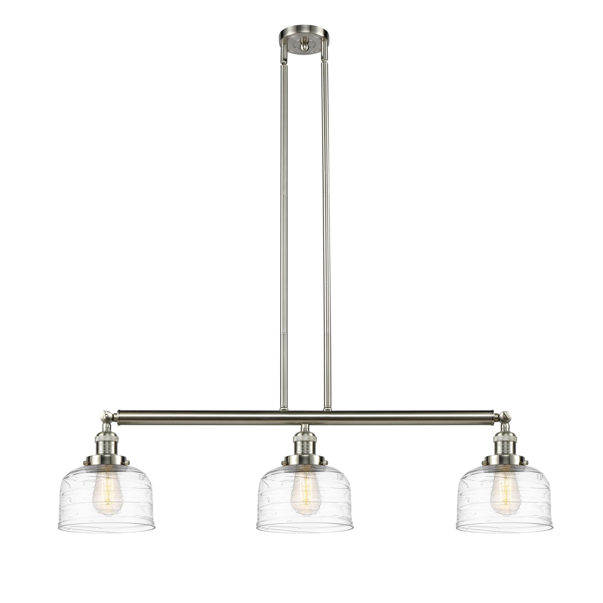 Shown in Brushed Satin Nickel finish and Clear Deco Swirl Large Bell glass