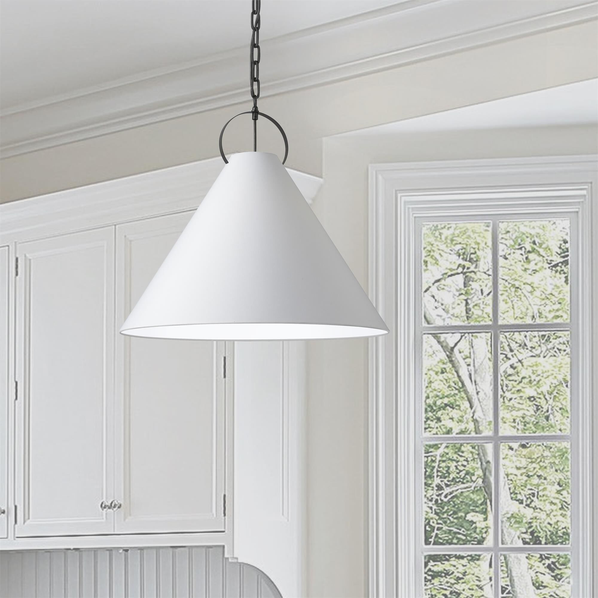 Shown in White and Black finish and White Fabric Tapered Drum shade
