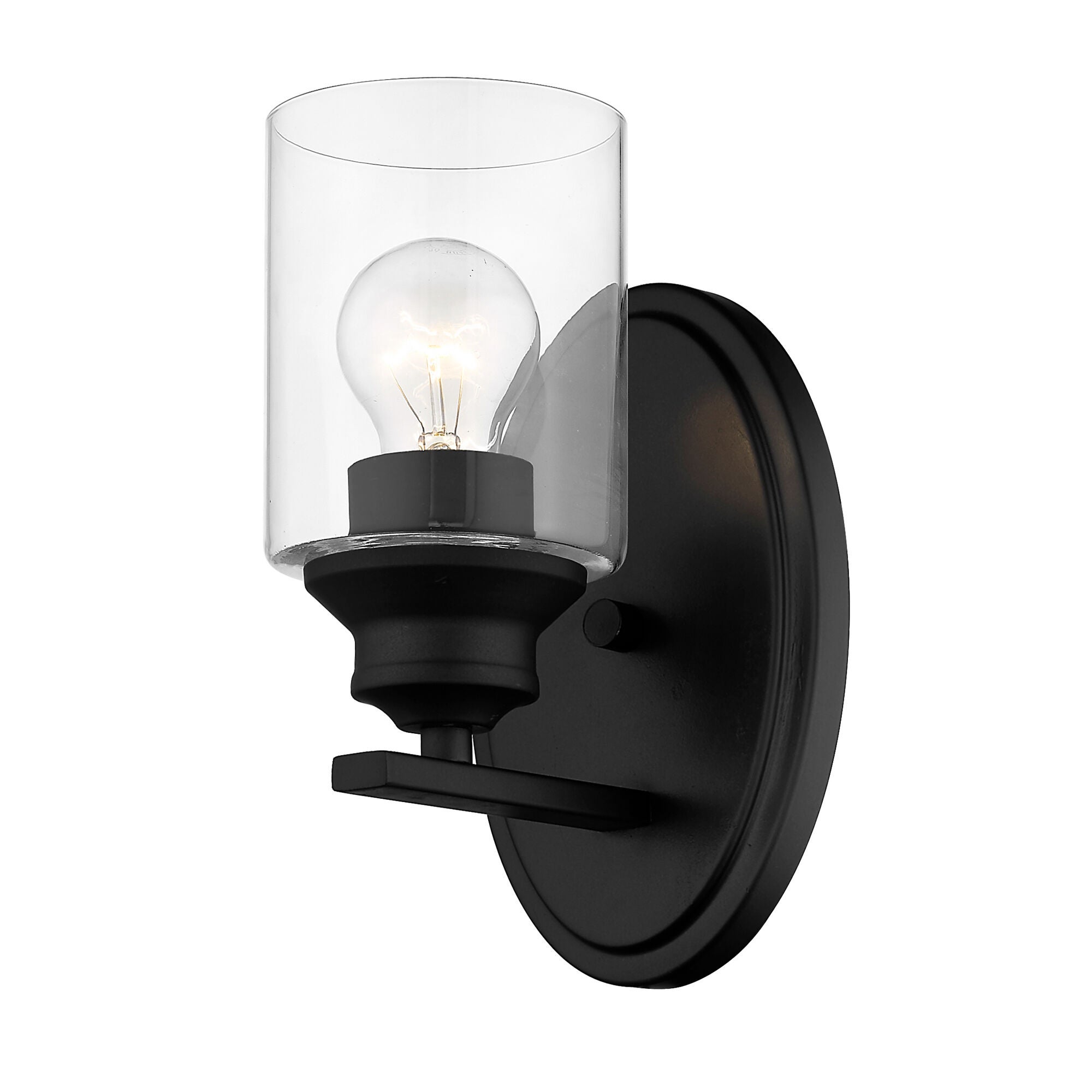 Shown in Matte Black finish and Clear glass and Clear, Cylindrical Glass shade