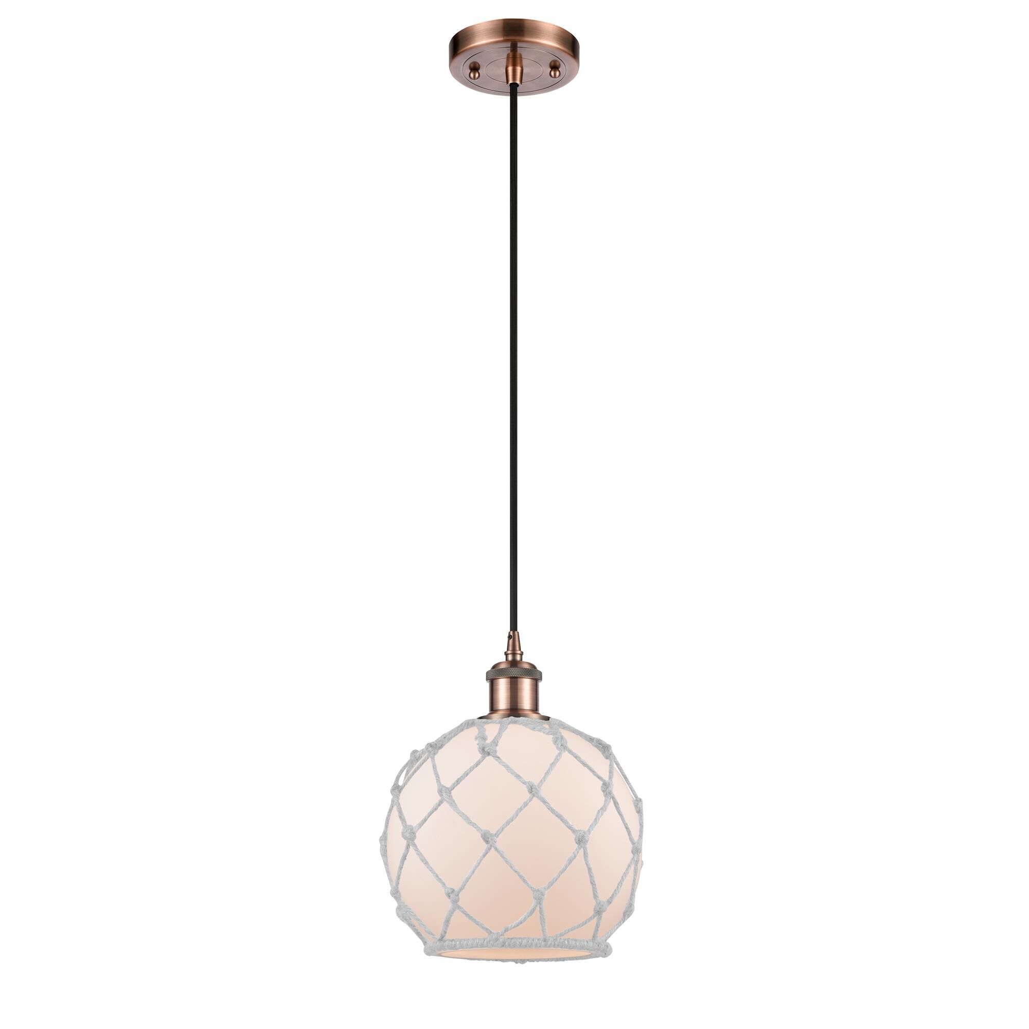 Shown in Antique Copper finish and White Farmhousewith White Rope glass