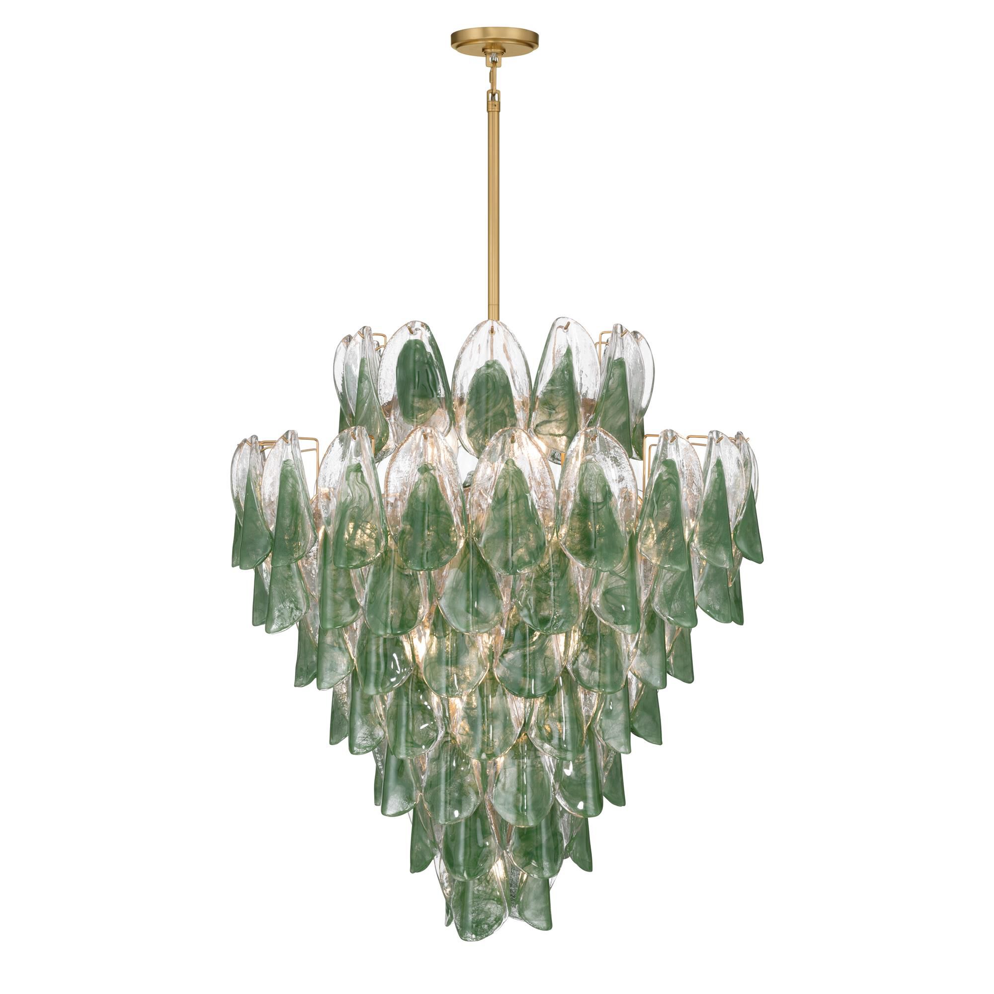 Shown in Legacy Brass finish and Green and Clear Hand-Formed glass
