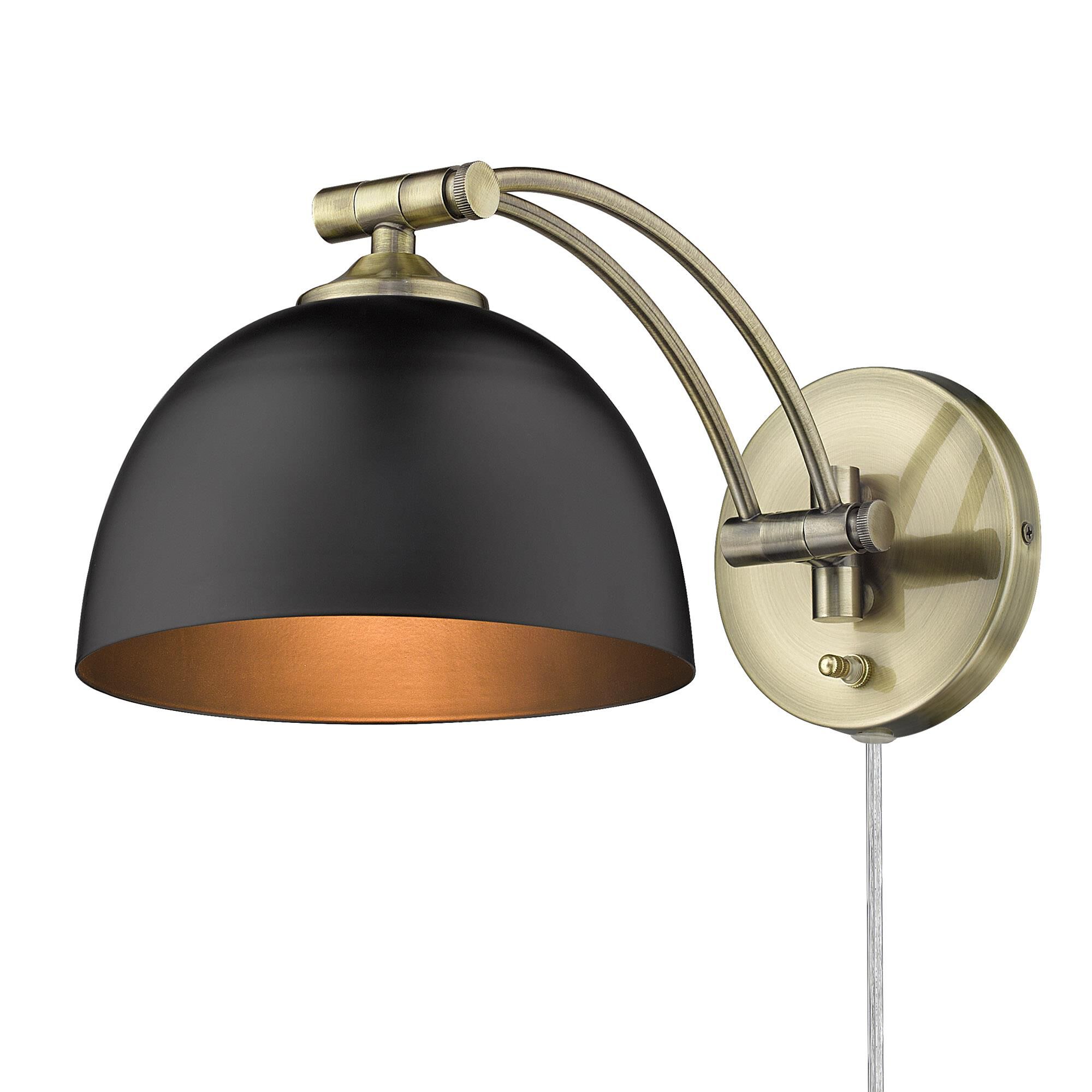 Shown in Aged Brass finish and Matte Black shade
